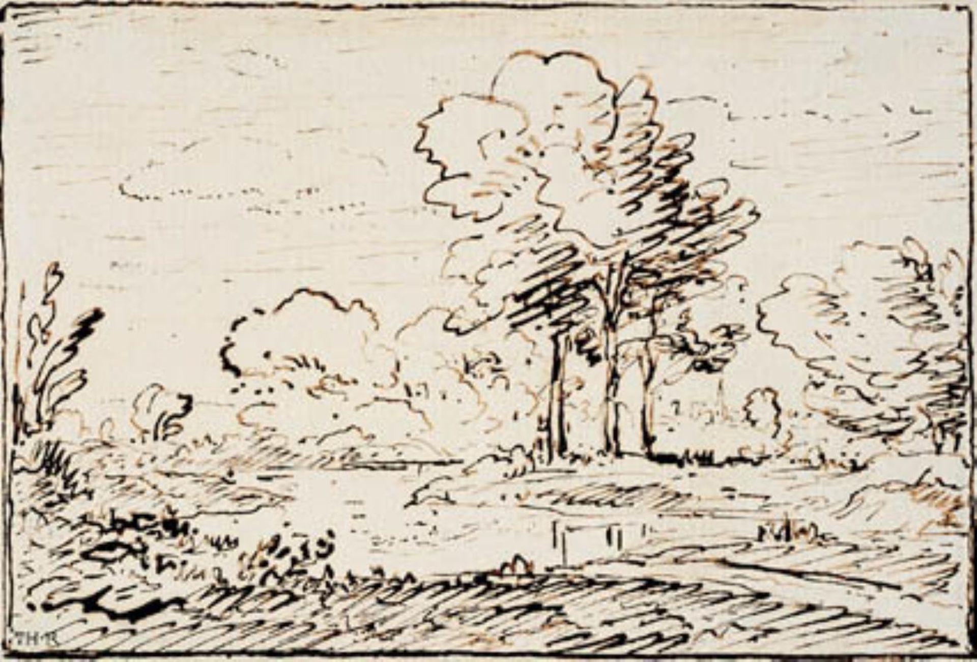 Landskab med tre høje træer ved en flodpynt by Theodore Rousseau