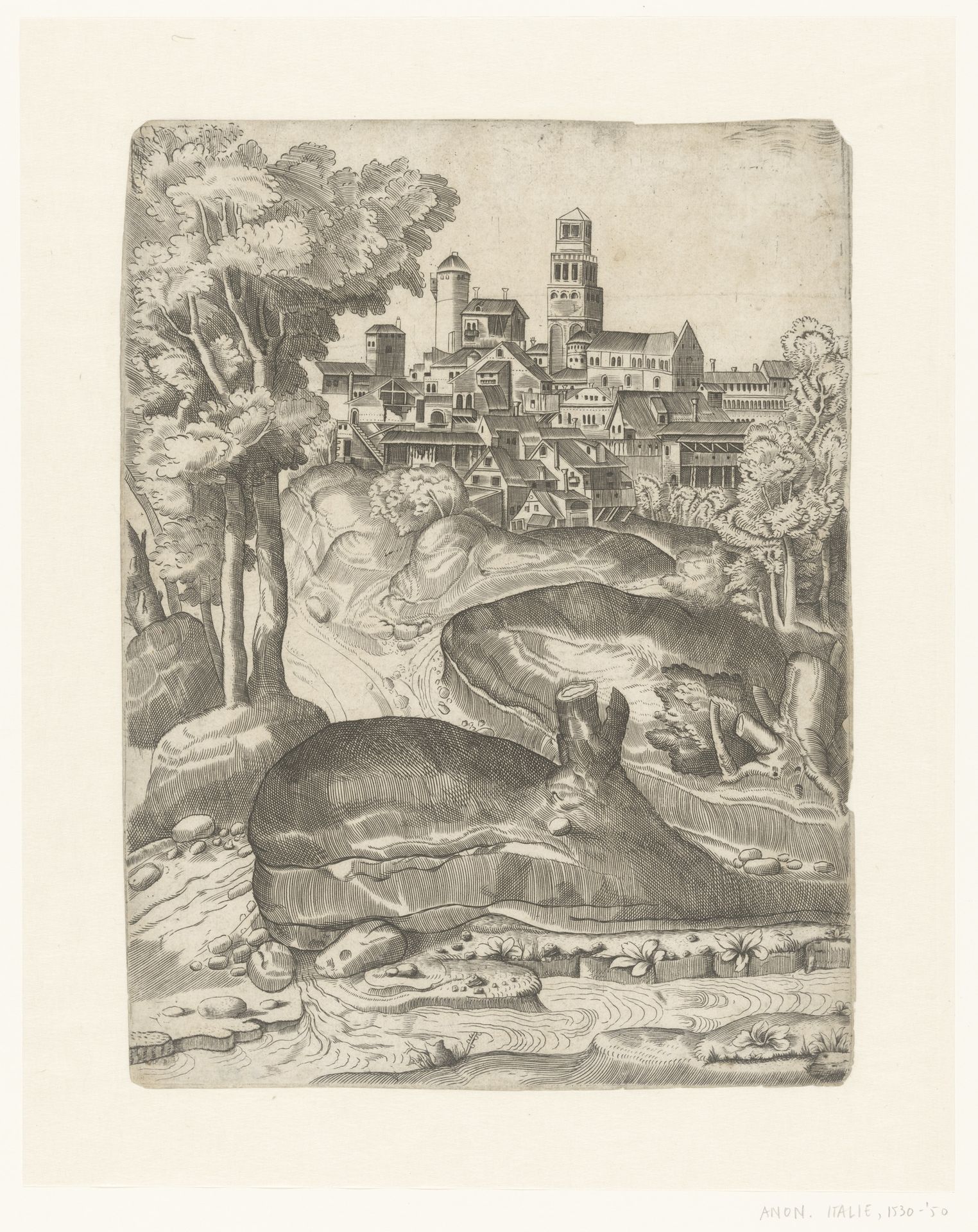 Landschap met een rivier en een stad op een heuvel by Anonymous