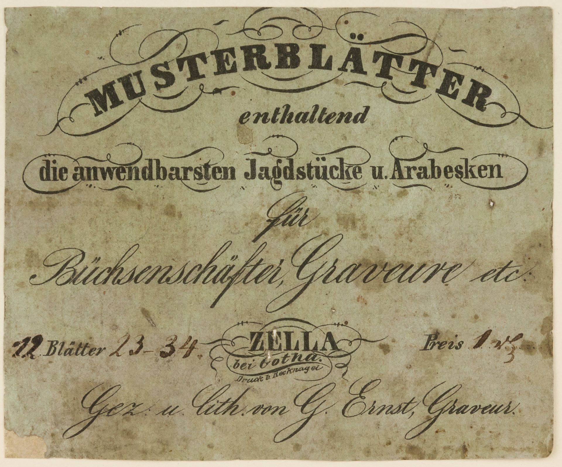 <i>Musterblätter enthaltend die anwendbarsten Jagdstücke u. Arabesken für Büchsenschäfter, Graveure etc.</i> (Zella bei Gotha, n.d. [1849/50]) (Patternbook of Engraved Designs for Firearms Ornament), from the workshop of Louis D. Nimschke (1832–1904) by Gustave Ernst