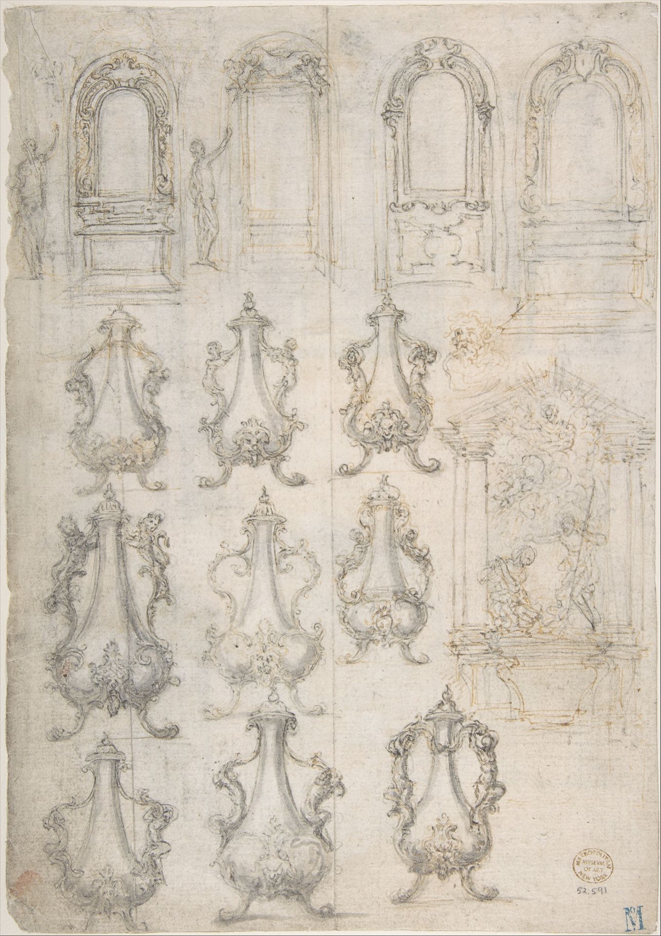 Studies for Coffee Urns, Arched-top Altars, and an Altar Project for the Baptistery of Florence Cathedral (Recto). Studies for Chapels and Portals (Verso). by Giovanni Battista Foggini