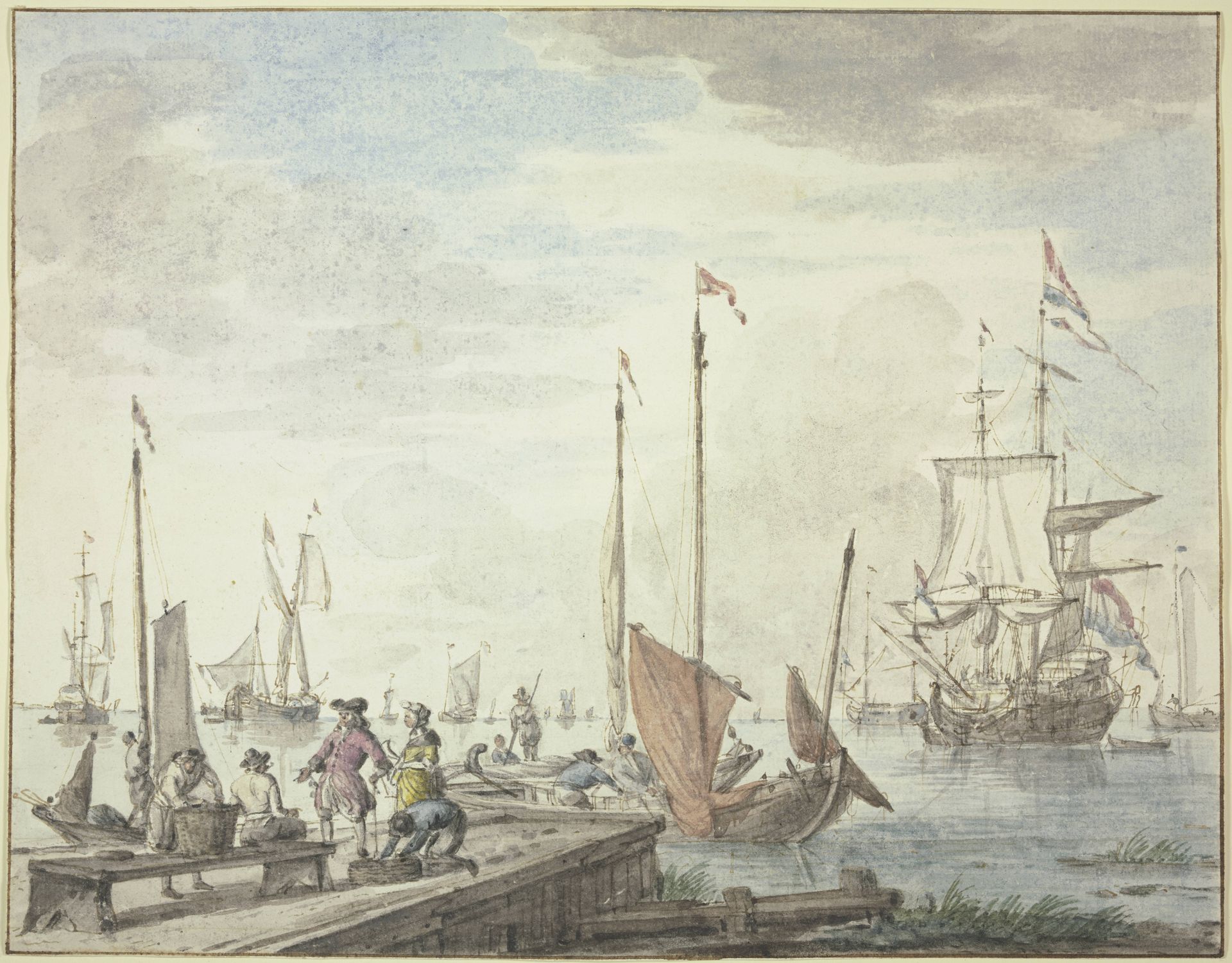 Bei einem Holzdamm liegen Boote, ein Handelsherr mit seiner Frau läßt Waren einladen by Abraham Storck the Elder