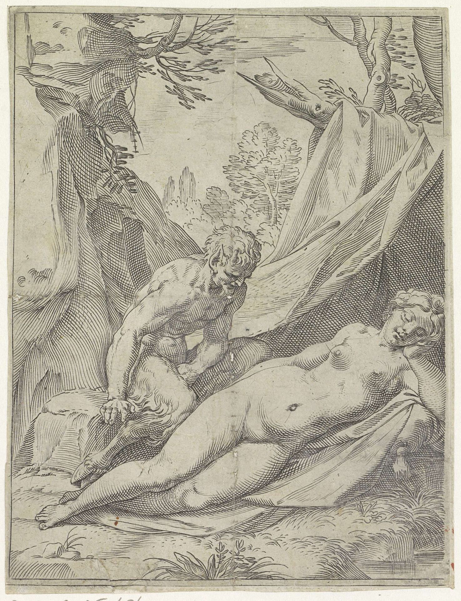 Sater bespiedt een slapende nimf by Agostino Carracci