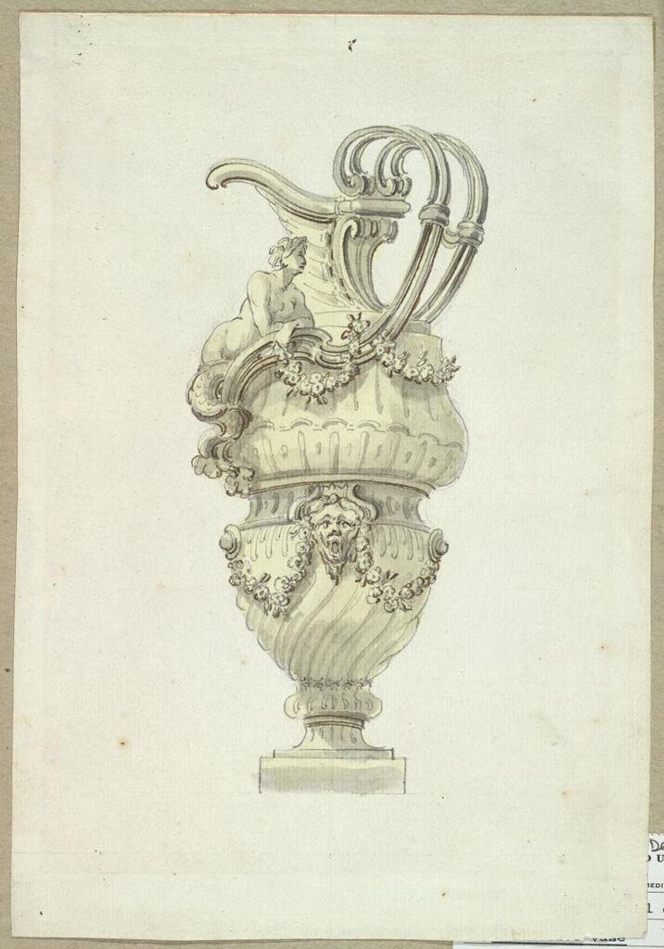 Design for a Sculptural Decoration: Vase with Nereid, Grotesque Head, and Garlands by School of Jean Baptiste Joseph Delafosse