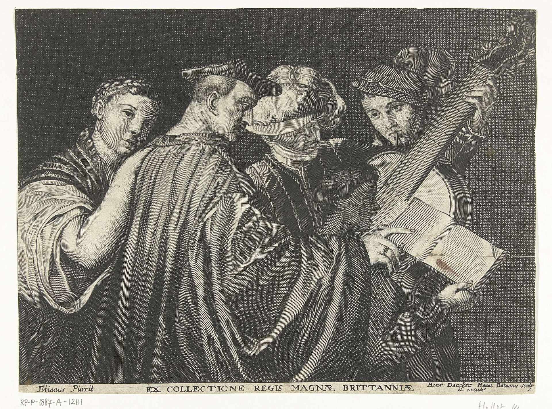 Drie mannen, vrouw en jongen zingen en spelen op muziekinstrumenten by Hendrick Danckerts
