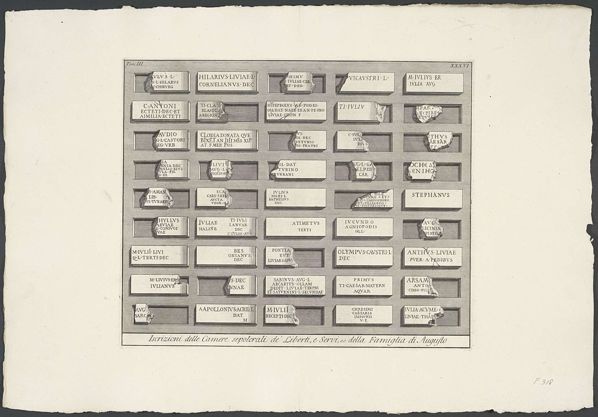 Inscripties uit de graftombe van de vrijgelatenen en slaafgemaakten van de familie van Augustus by Giovanni Battista Piranesi