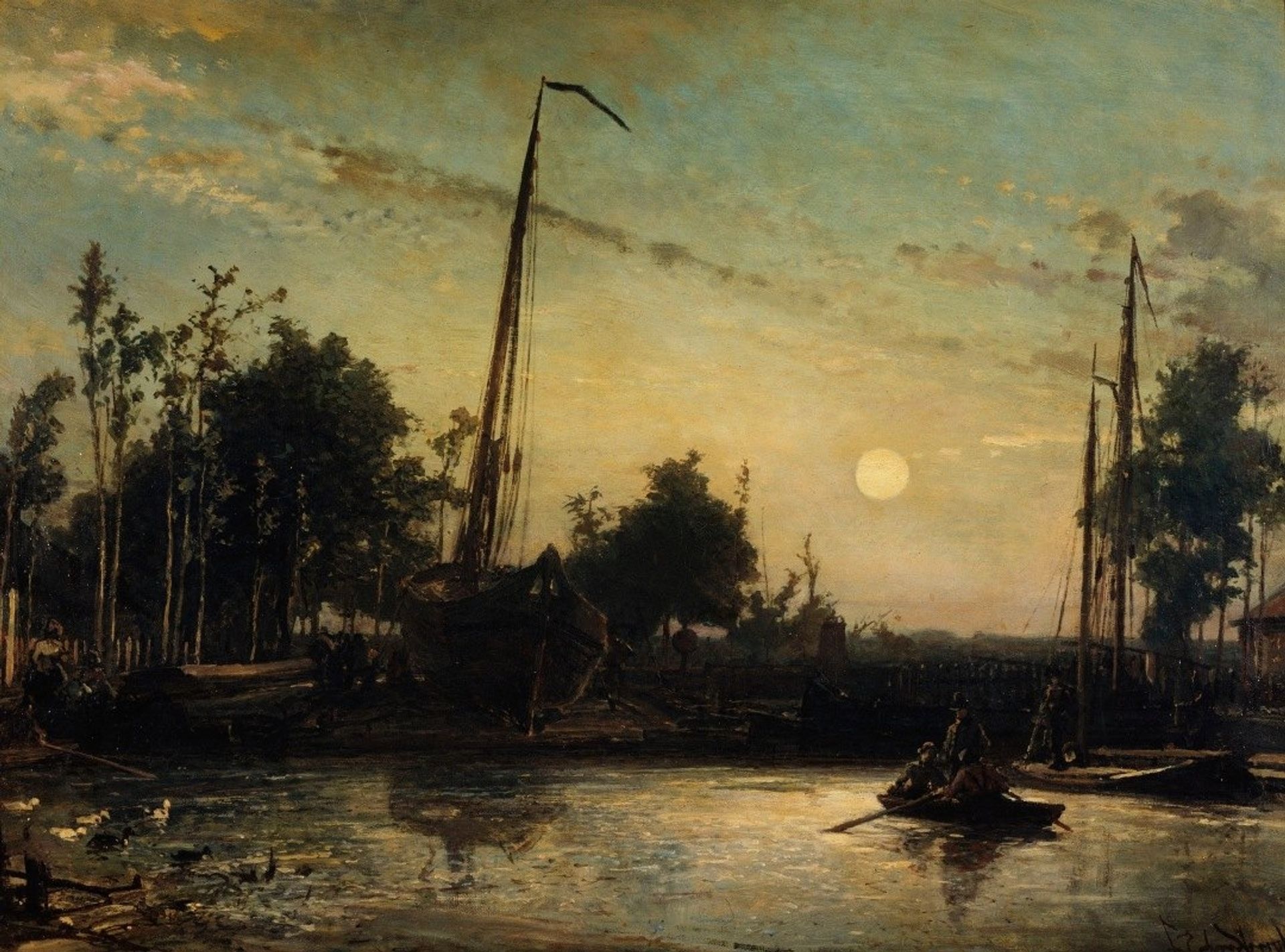 Bateau en construction en bord de canal, Paysage hollandais by Johan Barthold Jongkind