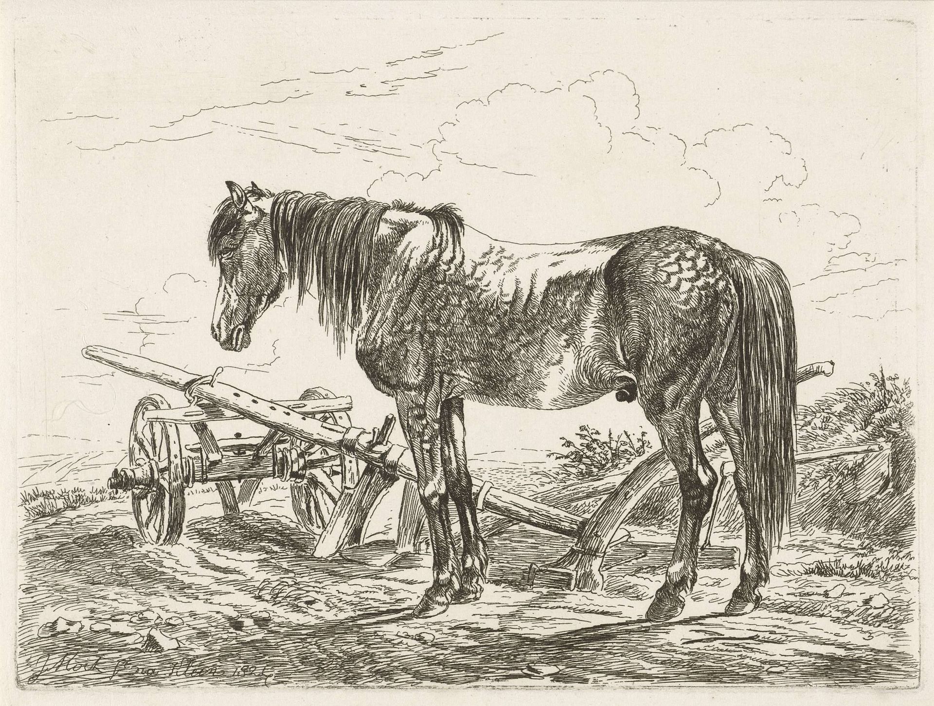 Paard bij een ploeg by Johannes Mock