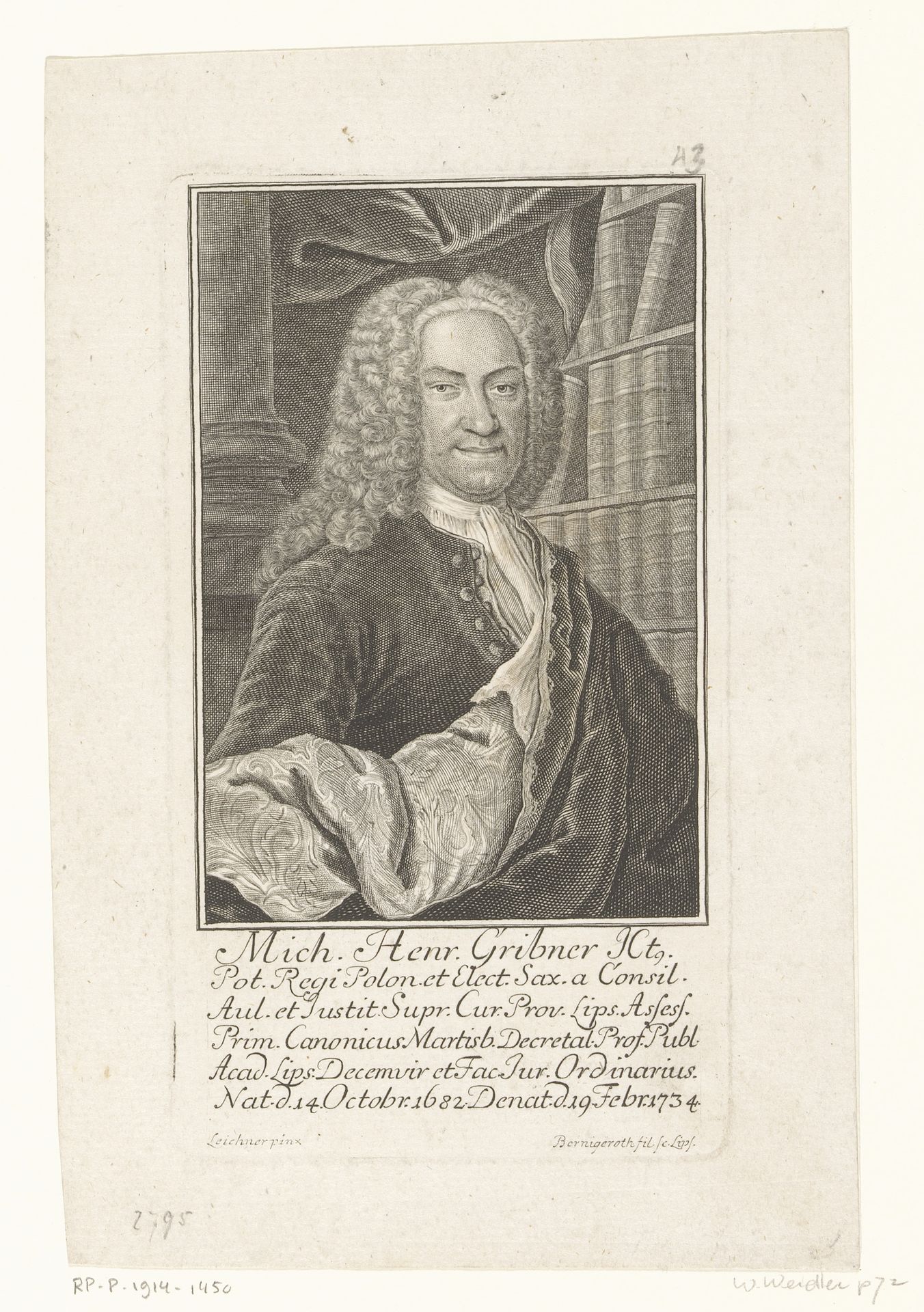 Portret van Michael Heinrich Griebner by Johann Martin Bernigeroth
