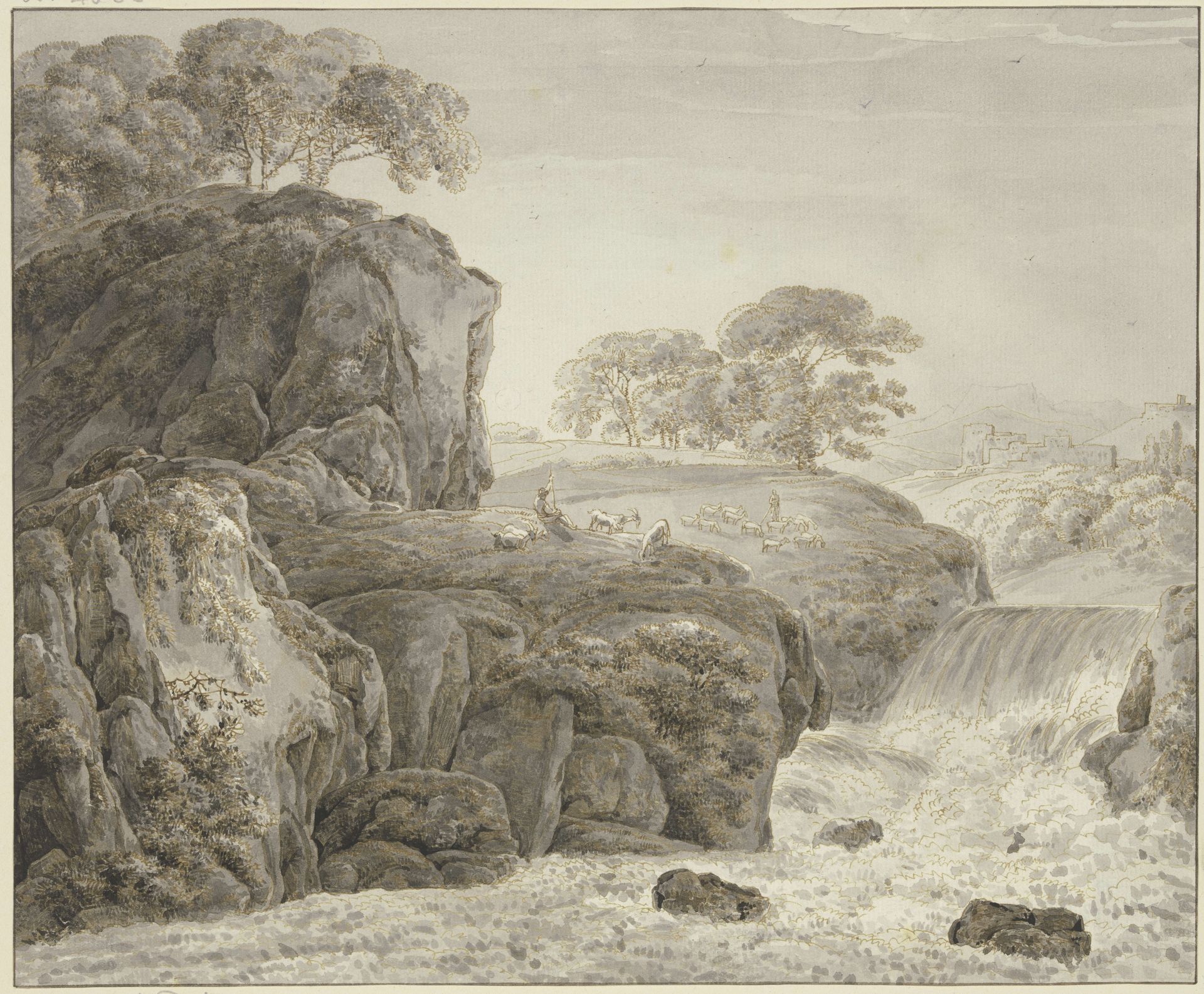 Gebirgslandschaft mit Herde und Wasserfall by Franz Kobell