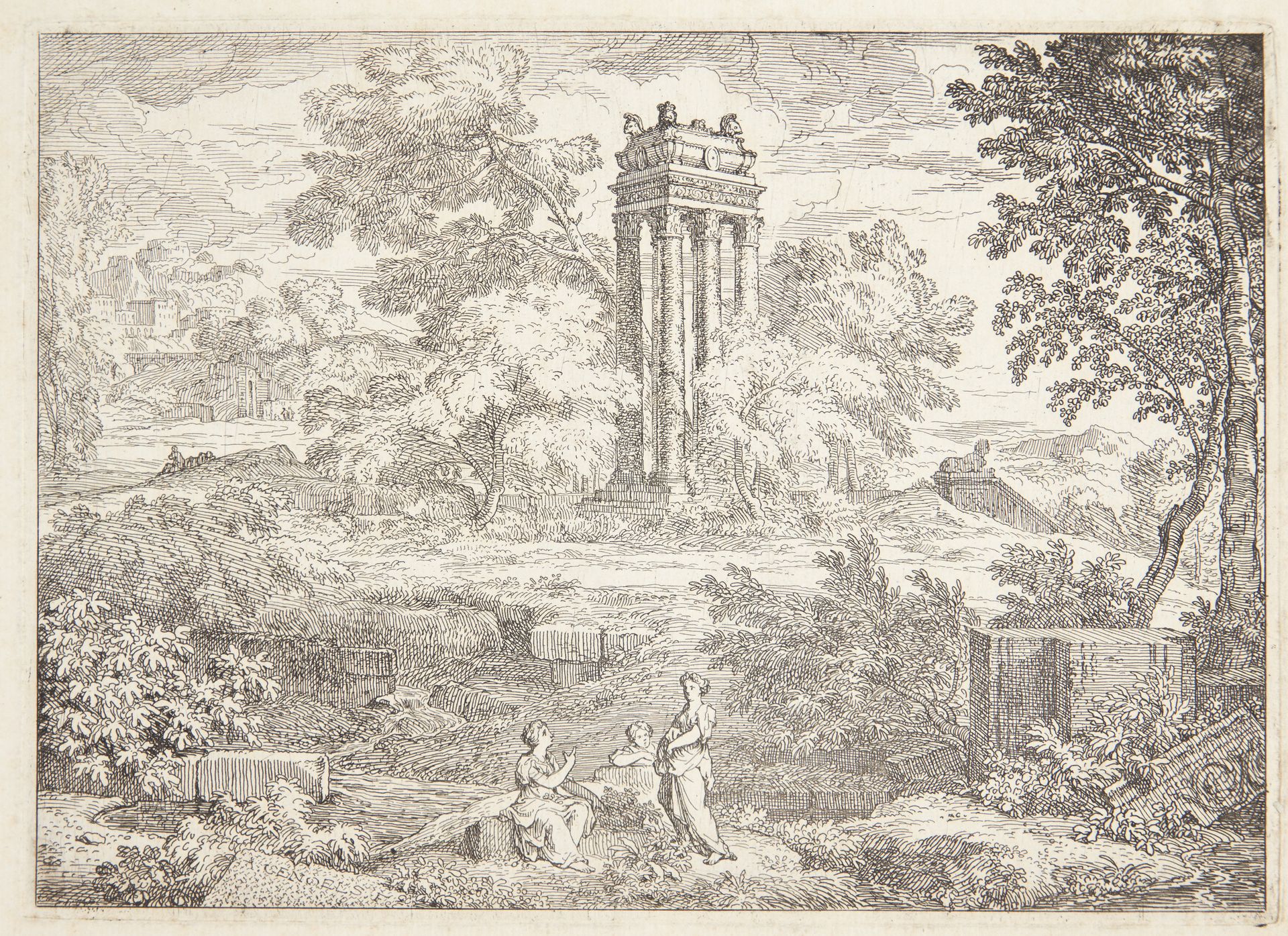 Arkadisk landskab med et mausoleum med seks søjler by Abraham Genoels