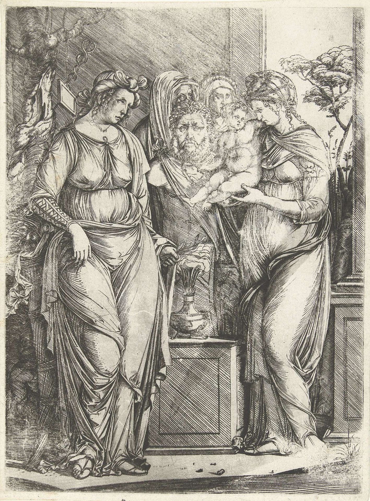 Vier vrouwen offeren jongen bij beeld van Priapus by Jacopo de' Barbari