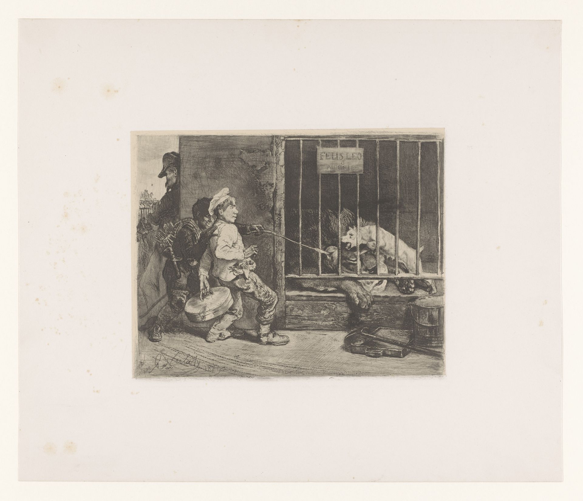 Twee jongens die een leeuw plagen by Charles Verlat