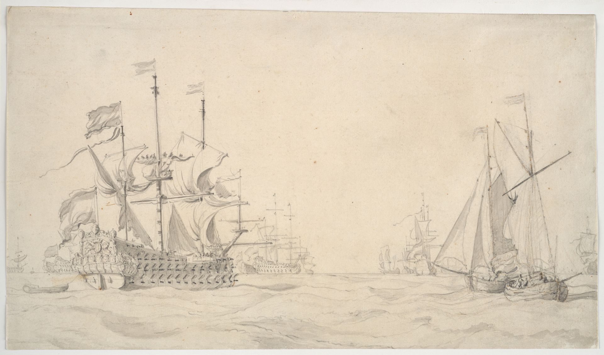 A Large Dutch Ship with a Fleet at Sea and Two Small Vessels by Willem van de Velde I