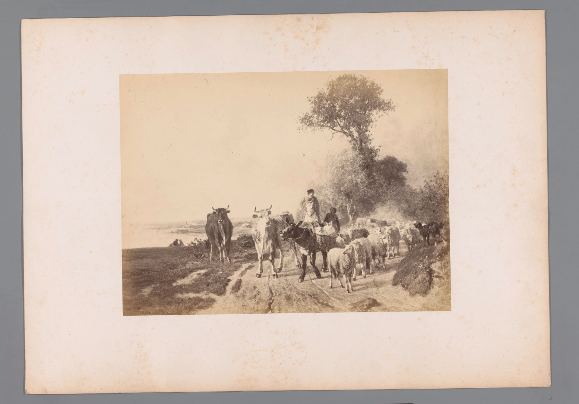 Fotoreproductie van een schilderij van twee herders en een kudde schapen en koeien door Constant Troyon by Edmond Fierlants