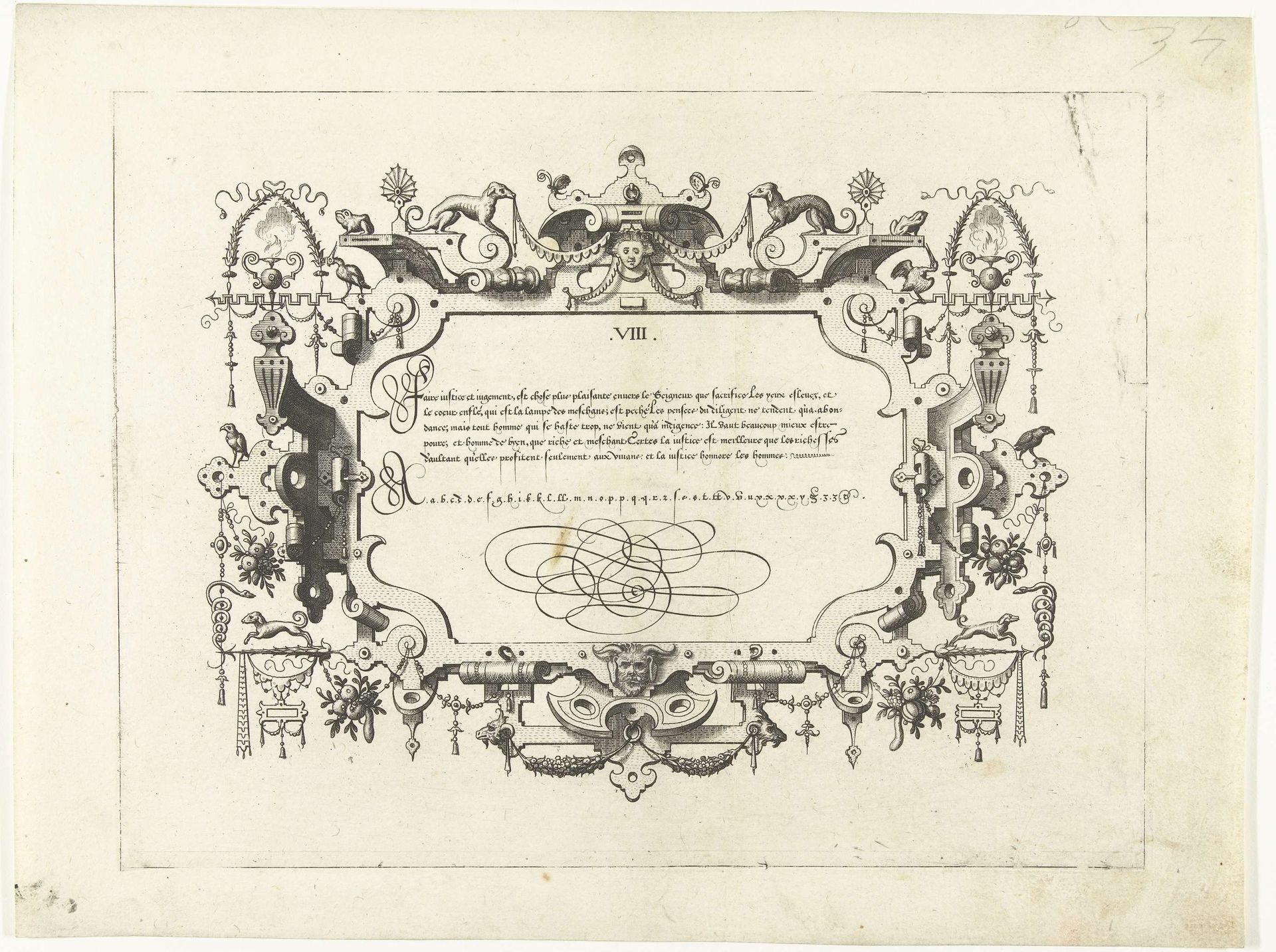 Cartouche met kalligrafie, erboven zitten twee honden by Johannes of Lucas van Doetechum
