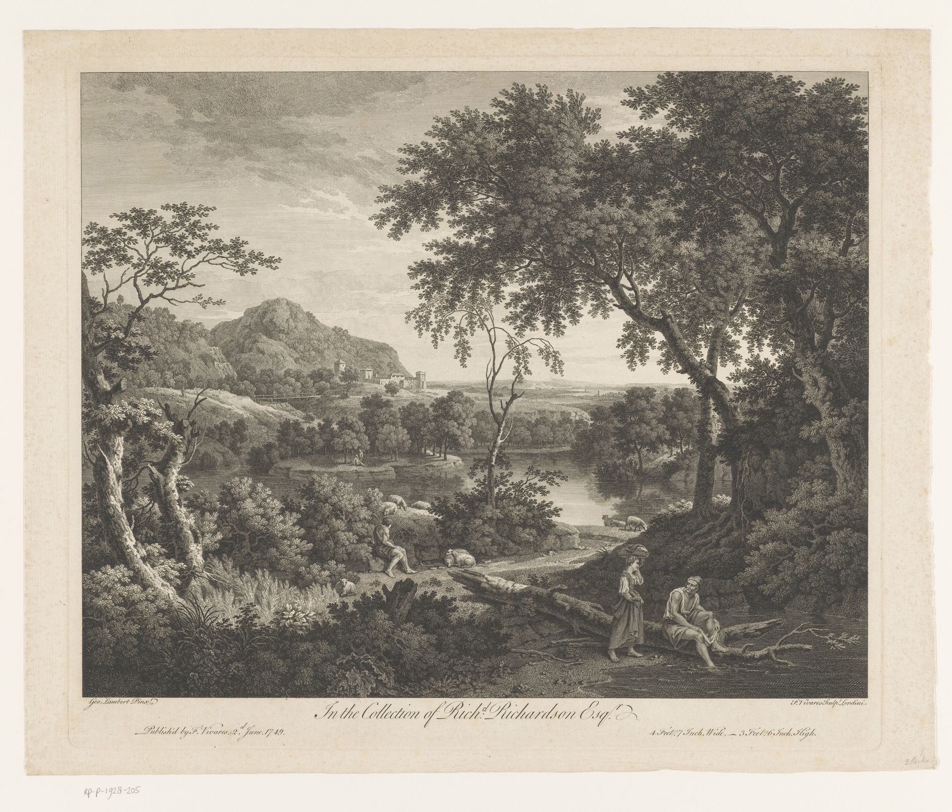 Landschap met schapenherder en twee figuren bij een poel by François Vivares