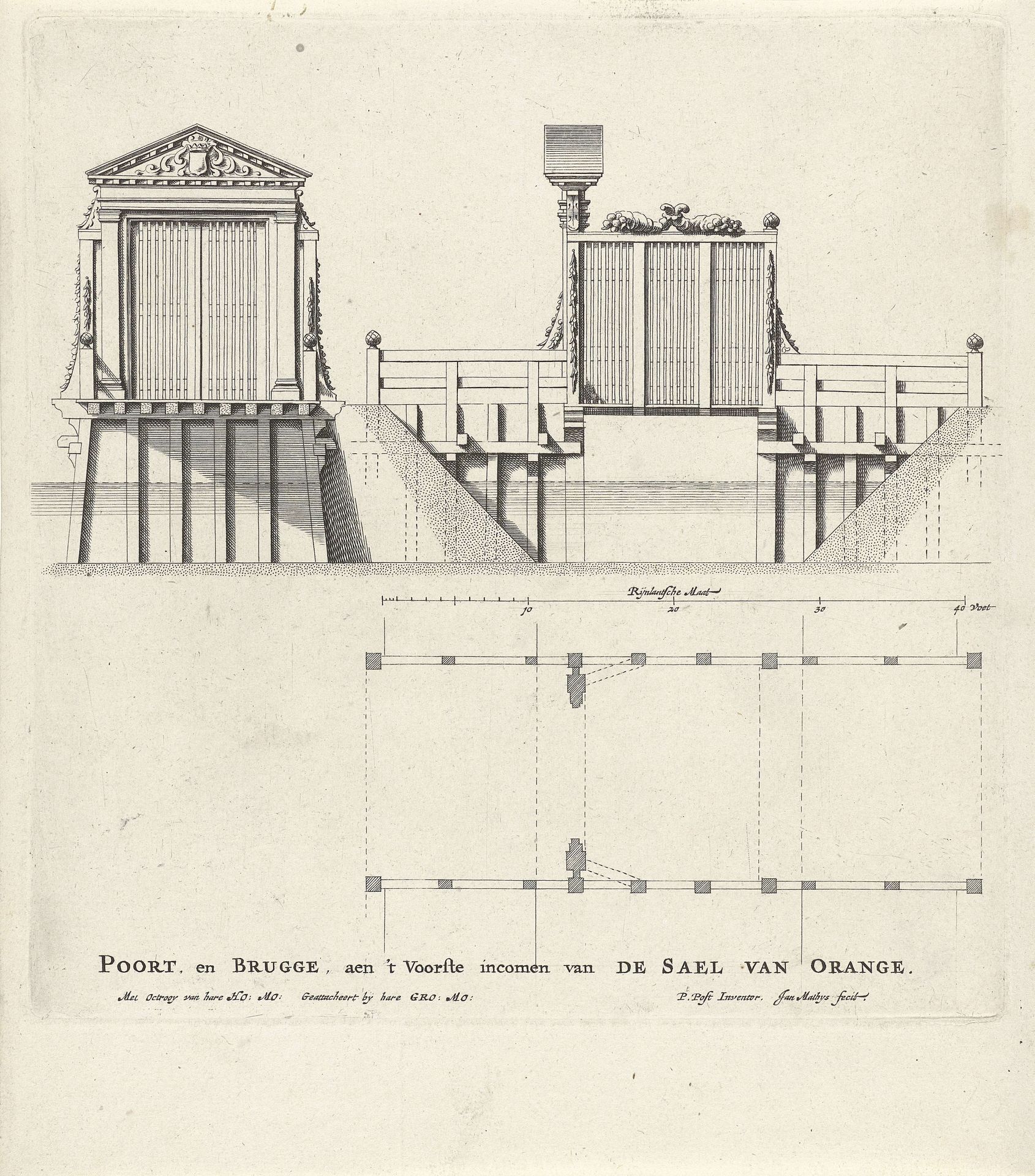 Zijaanzicht van de poort en de toegangsbrug bij Paleis Huis ten Bosch by Jan Matthysz.