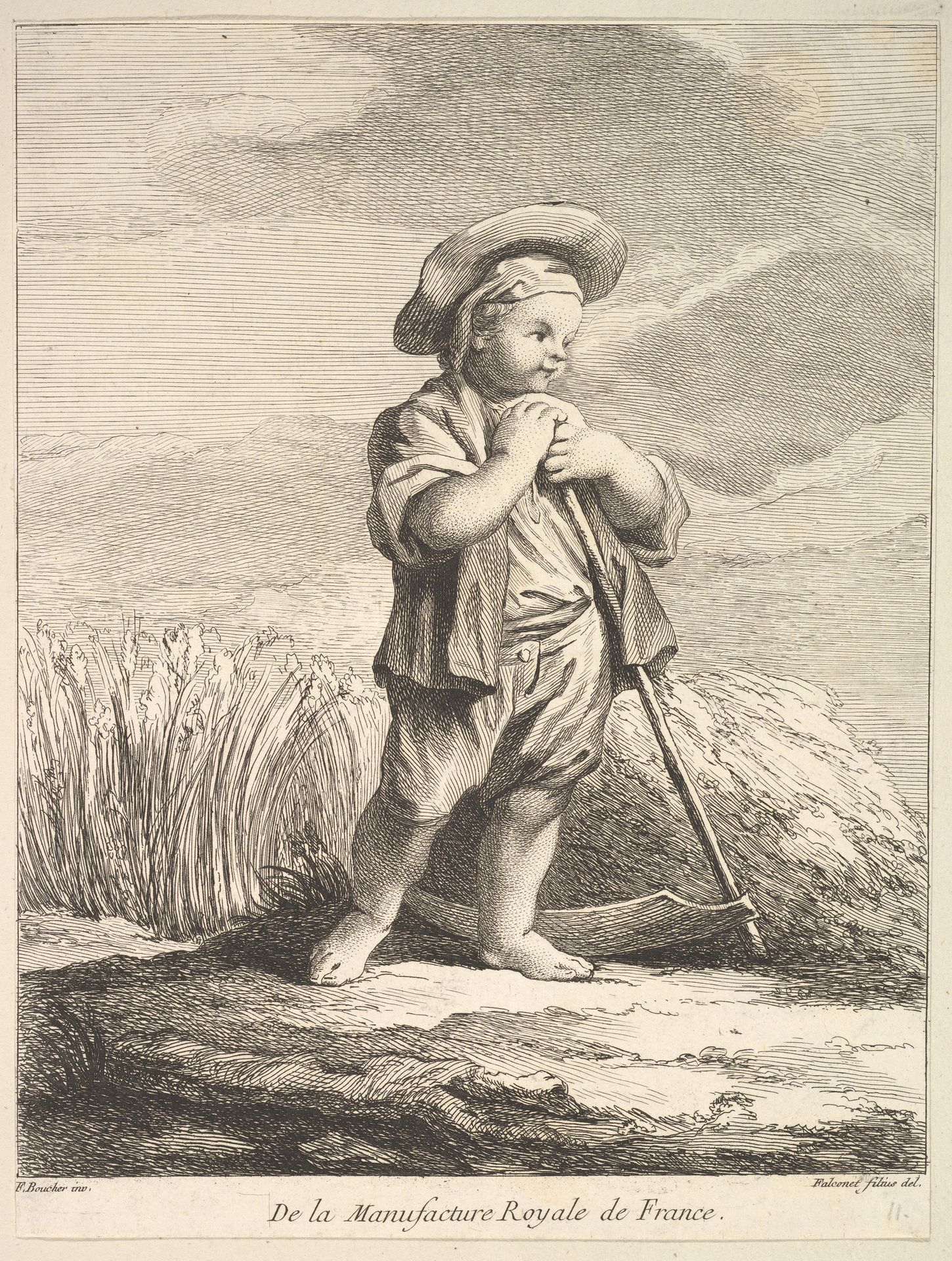 Little boy with a scythe, from Premier Livre de Figures d'après les porcelaines de la Manufacture Royale de France, inventées en 1757, par Mr. Boucher (First Book of Figures after porcelains from the Manufacture Royale de France, devised in 1757, by Mr. Boucher) by Pierre Etienne Falconet