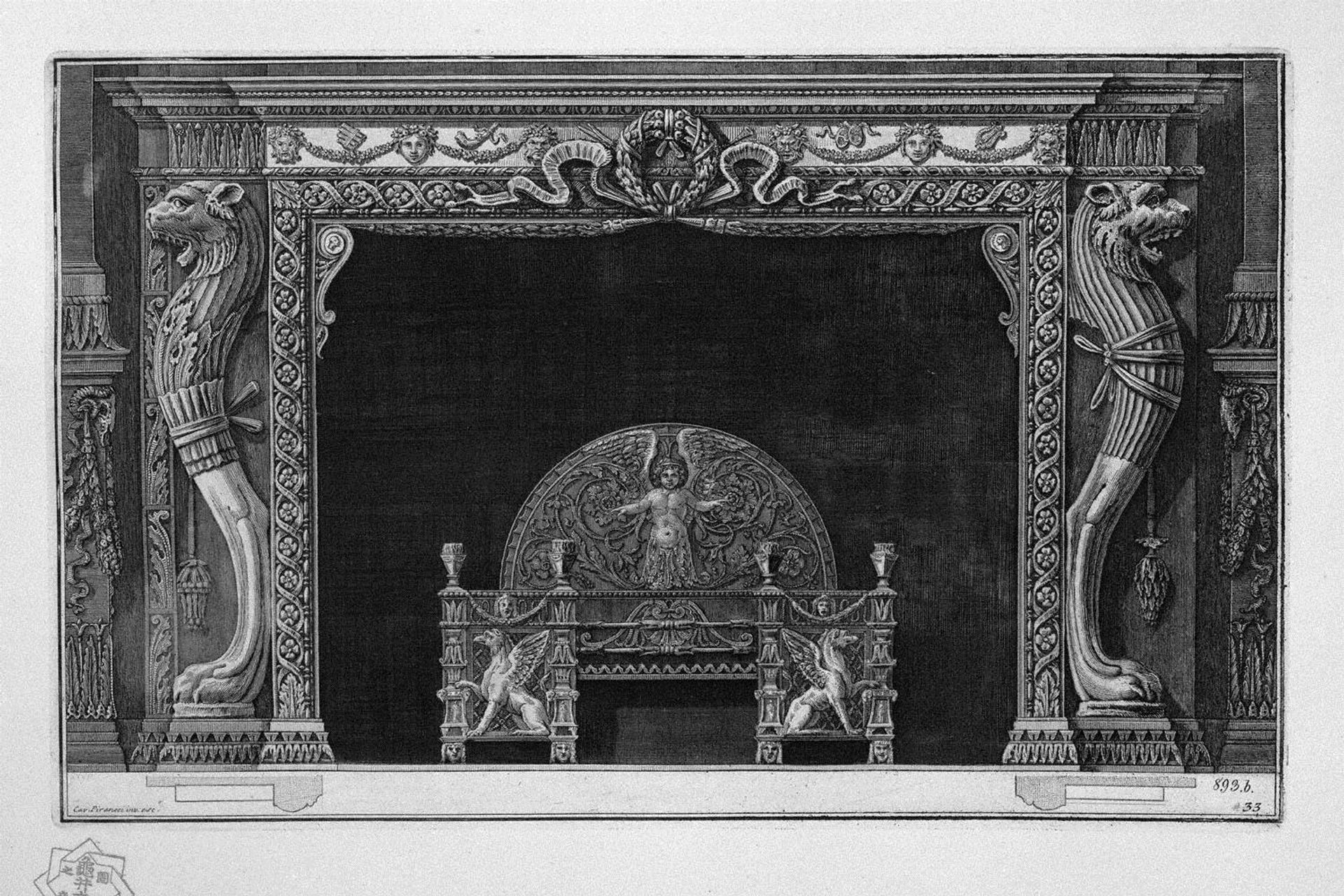 Fireplace: two sides of the well-head lion paws of a lion in a rich wing by Giovanni Battista Piranesi