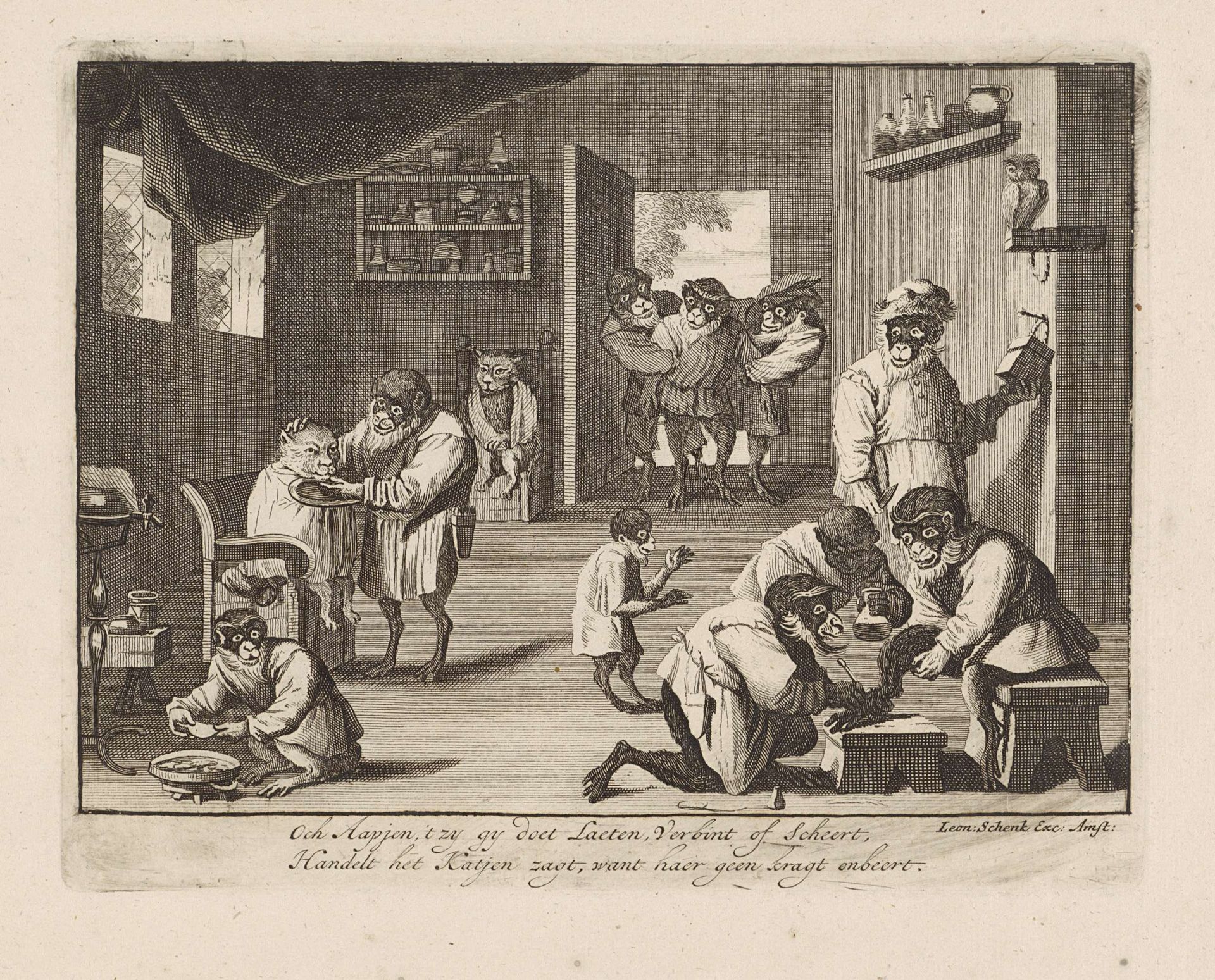 Apen en katten bij een barbier by Leonard Schenk