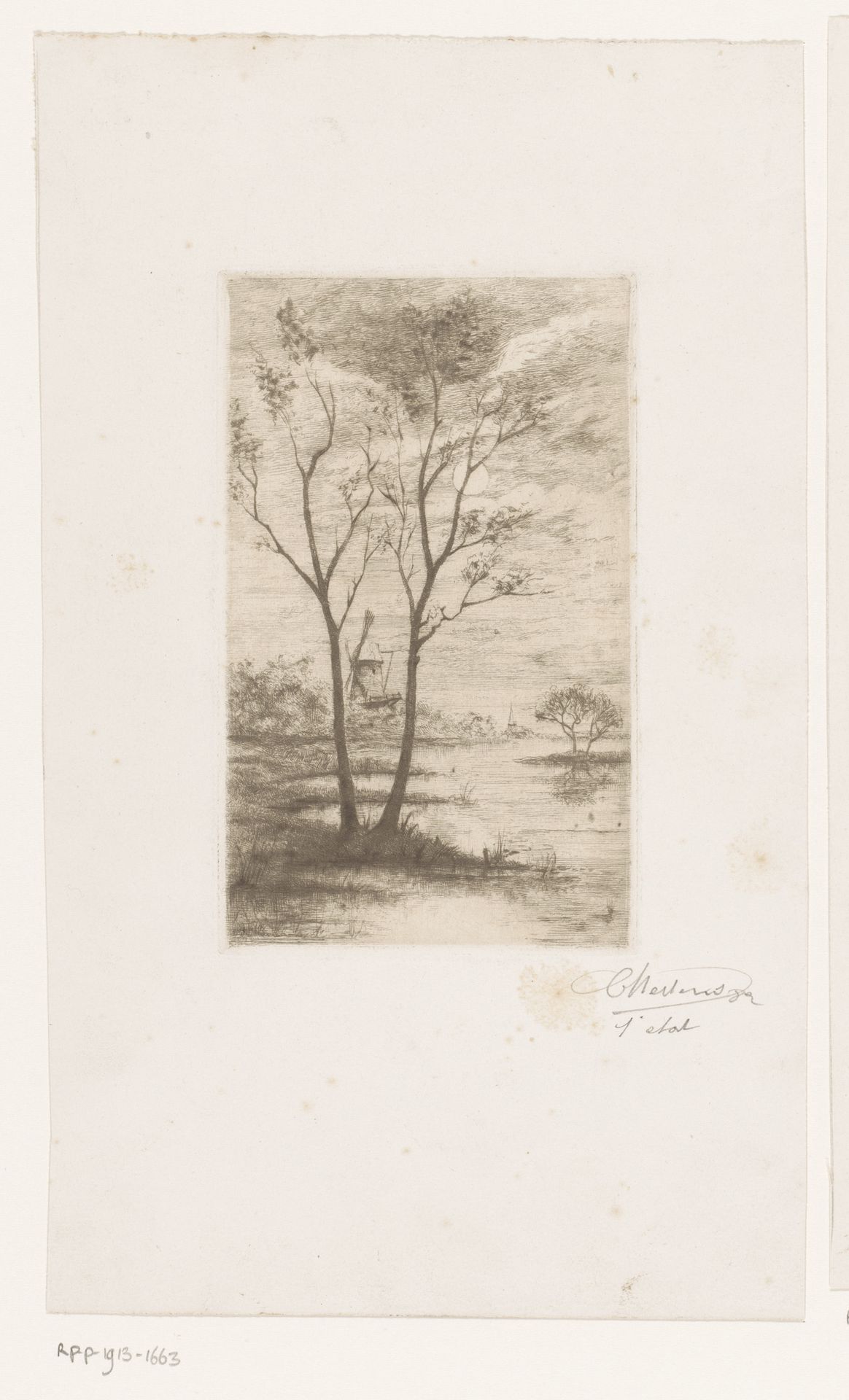 Rivierlandschap met molen en kerk bij maanlicht by Charles Mertens