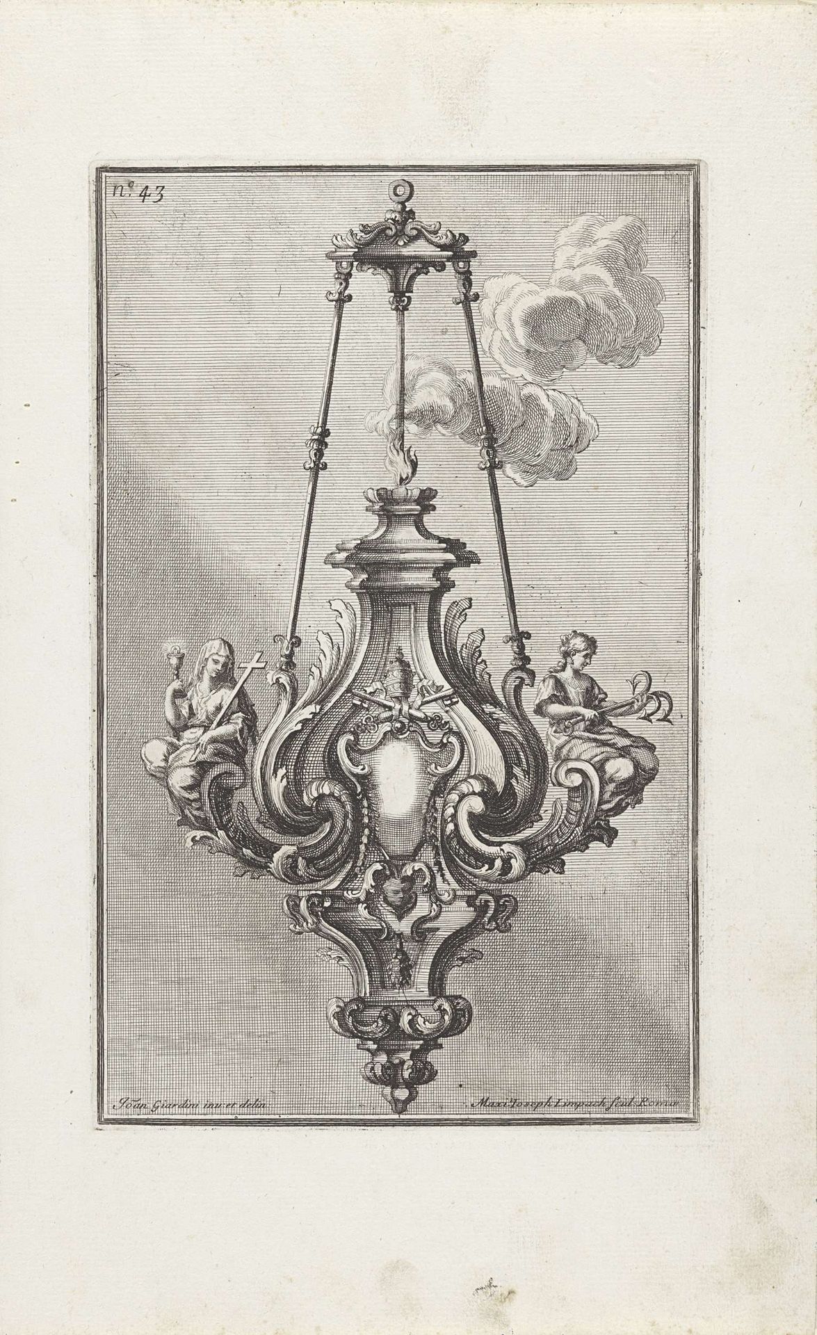 Kroonluchter met personificaties van Hoop en Geloof en pauselijk wapen by Maximilian Joseph Limpach