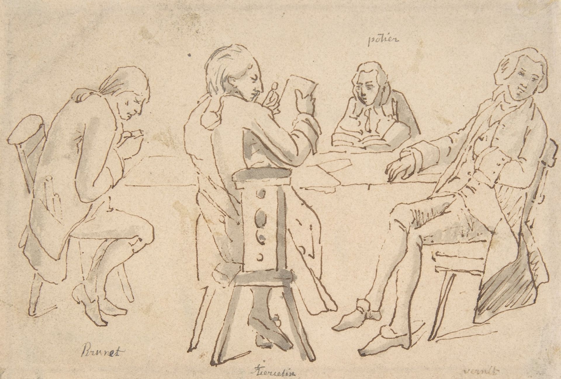 Four Artists seated at a table by Horace Vernet