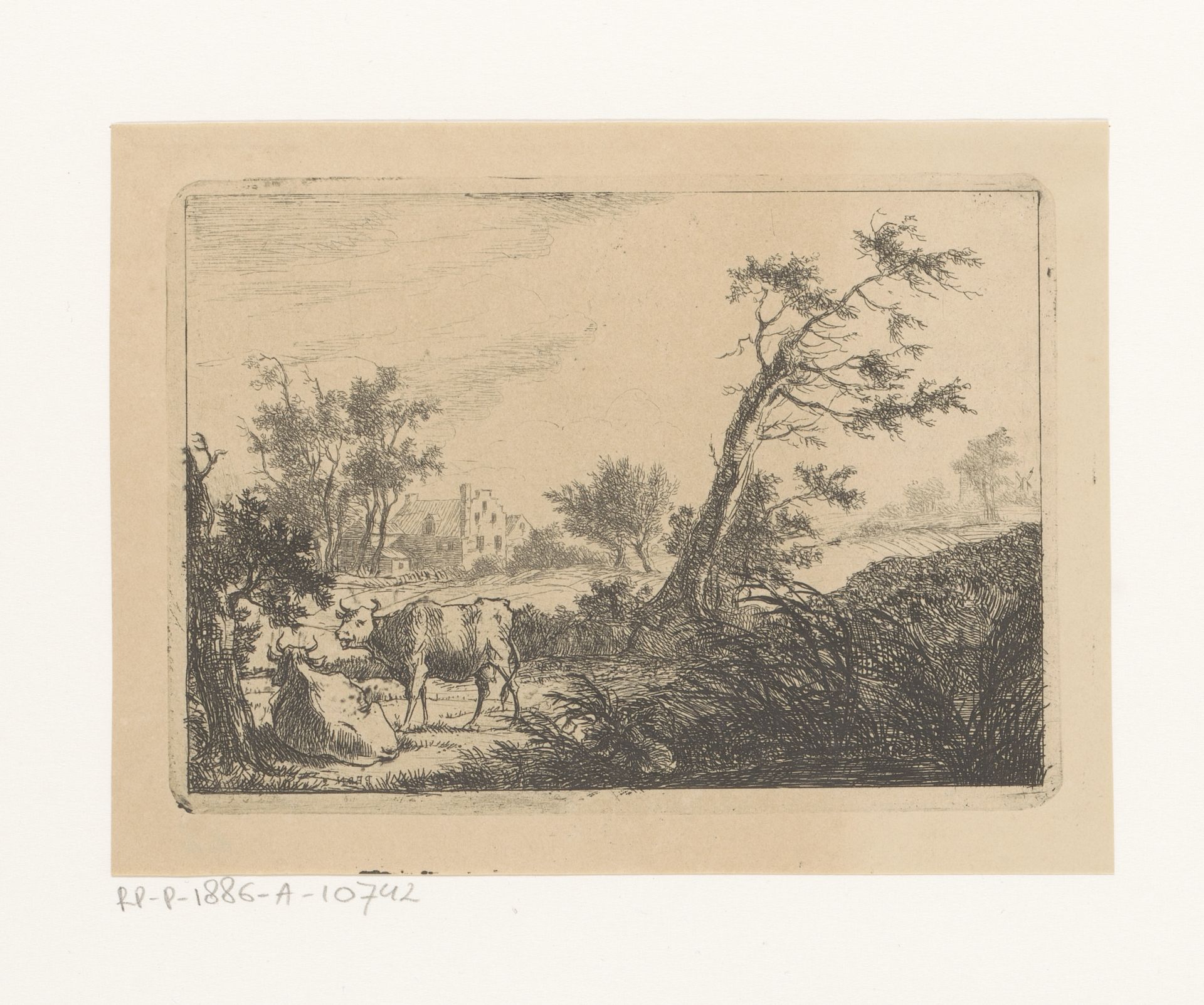 Landschap met twee koeien en bebouwing by Pierre François De Noter