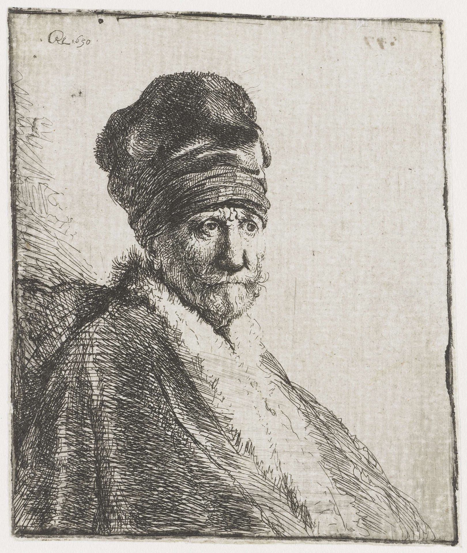 Bust of a man wearing a high cap, three-quarters right: the artist's father (?) by Rembrandt van Rijn