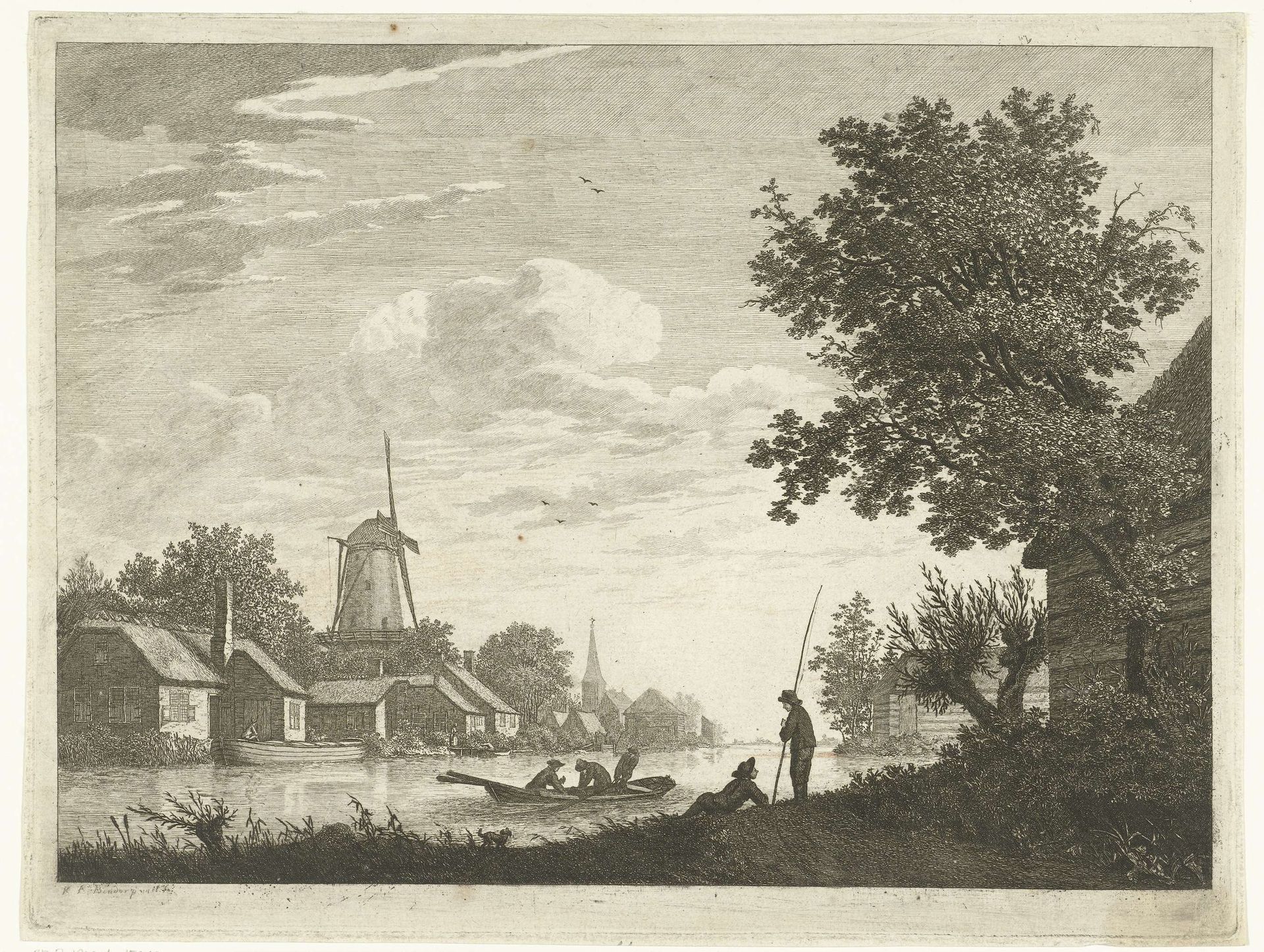 Rivierlandschap met dorp met molen aan het water by Carel Frederik (I) Bendorp