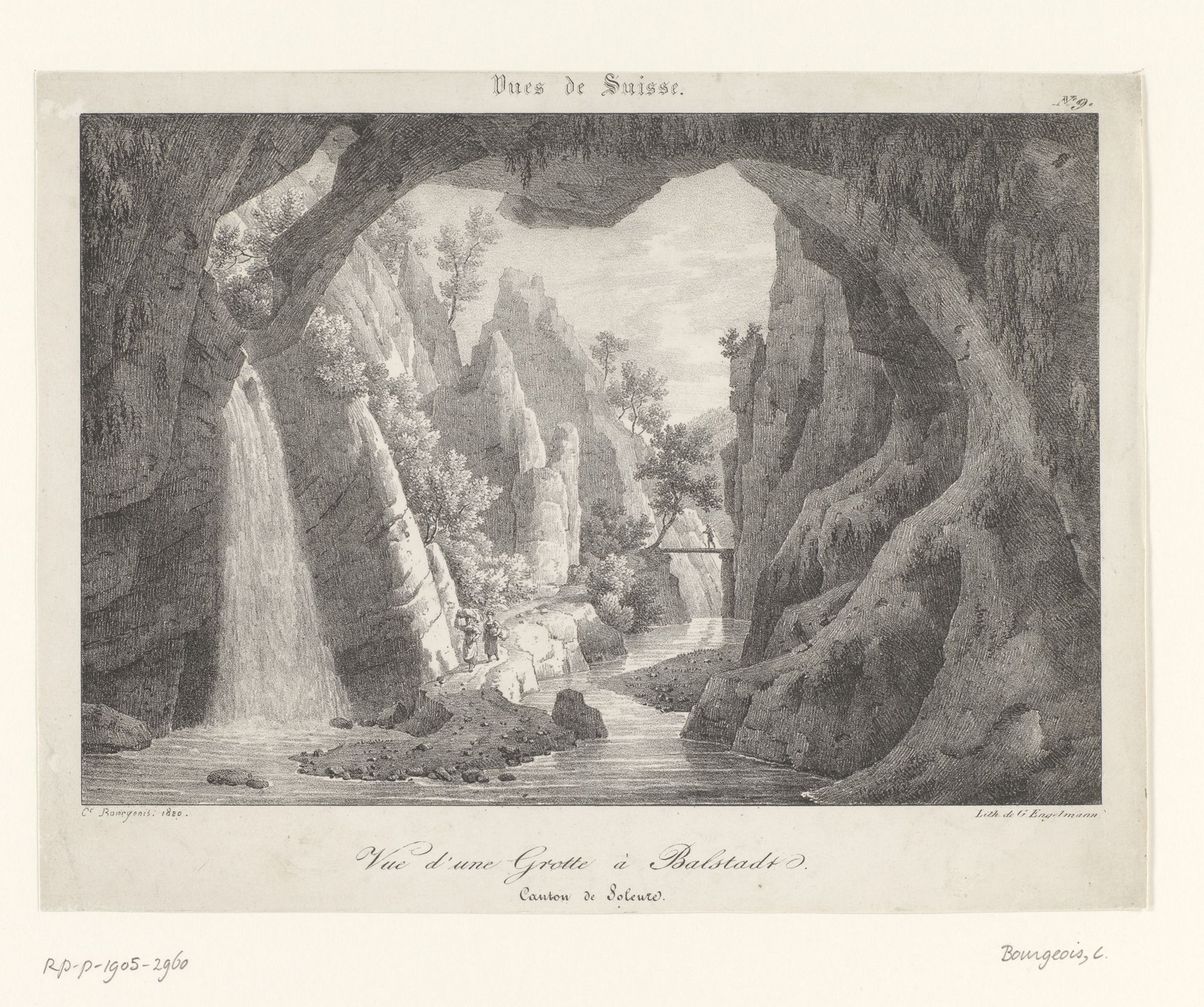 Zicht op een grot met waterval bij Balsthal by Constant Bourgeois
