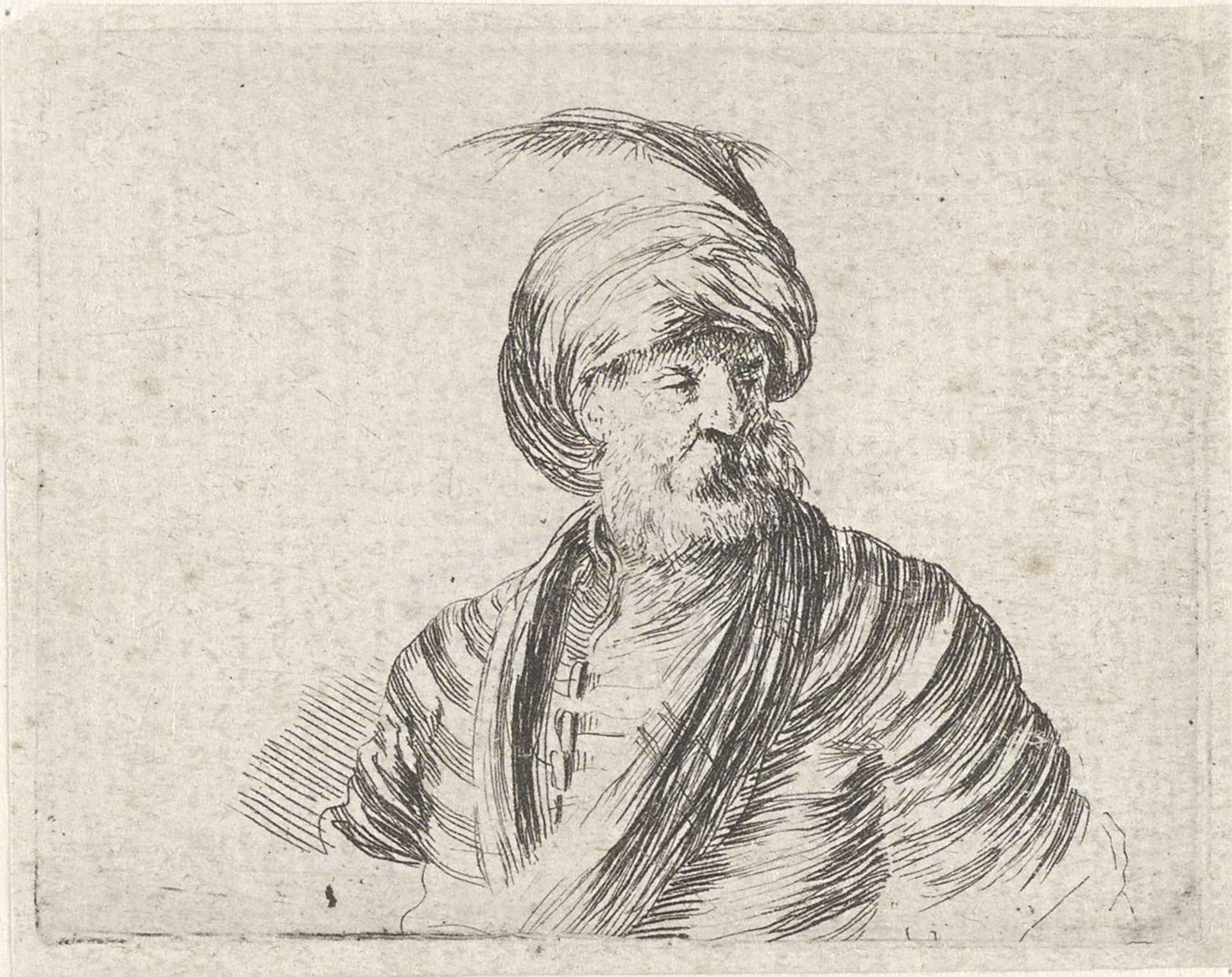 Buste van een oude man met baard en tulband met pluim by Stefano della Bella