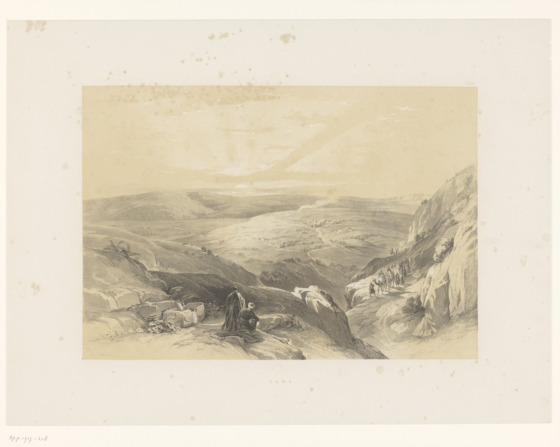 Reizigers in een berglandschap met gezicht op Cana by François Stroobant