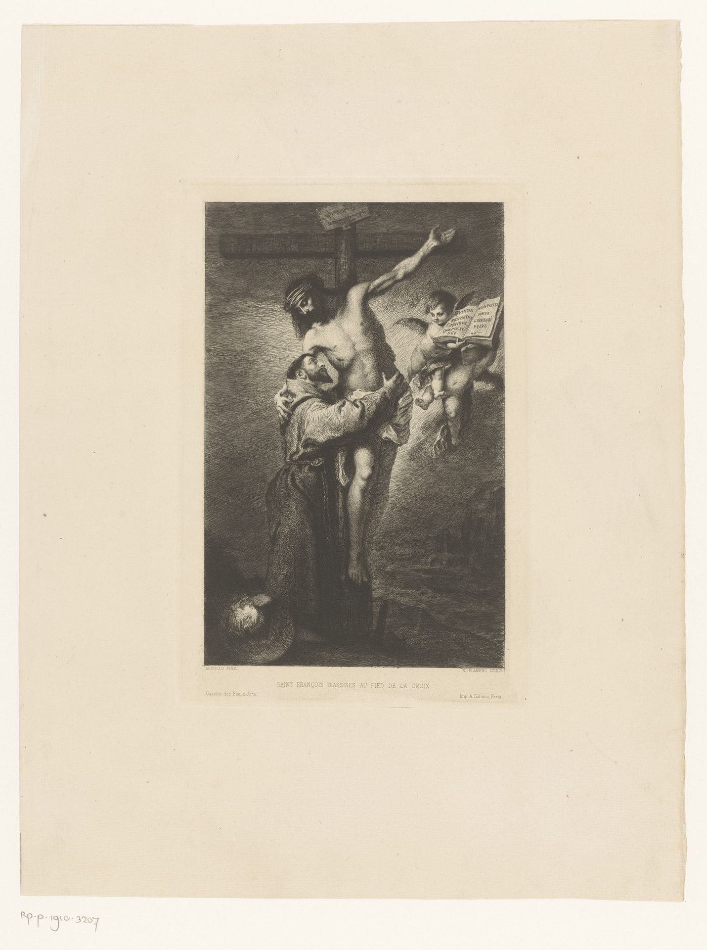 Franciscus van Assisi aan de voet van het kruis, helpt Christus naar beneden by Léopold Flameng