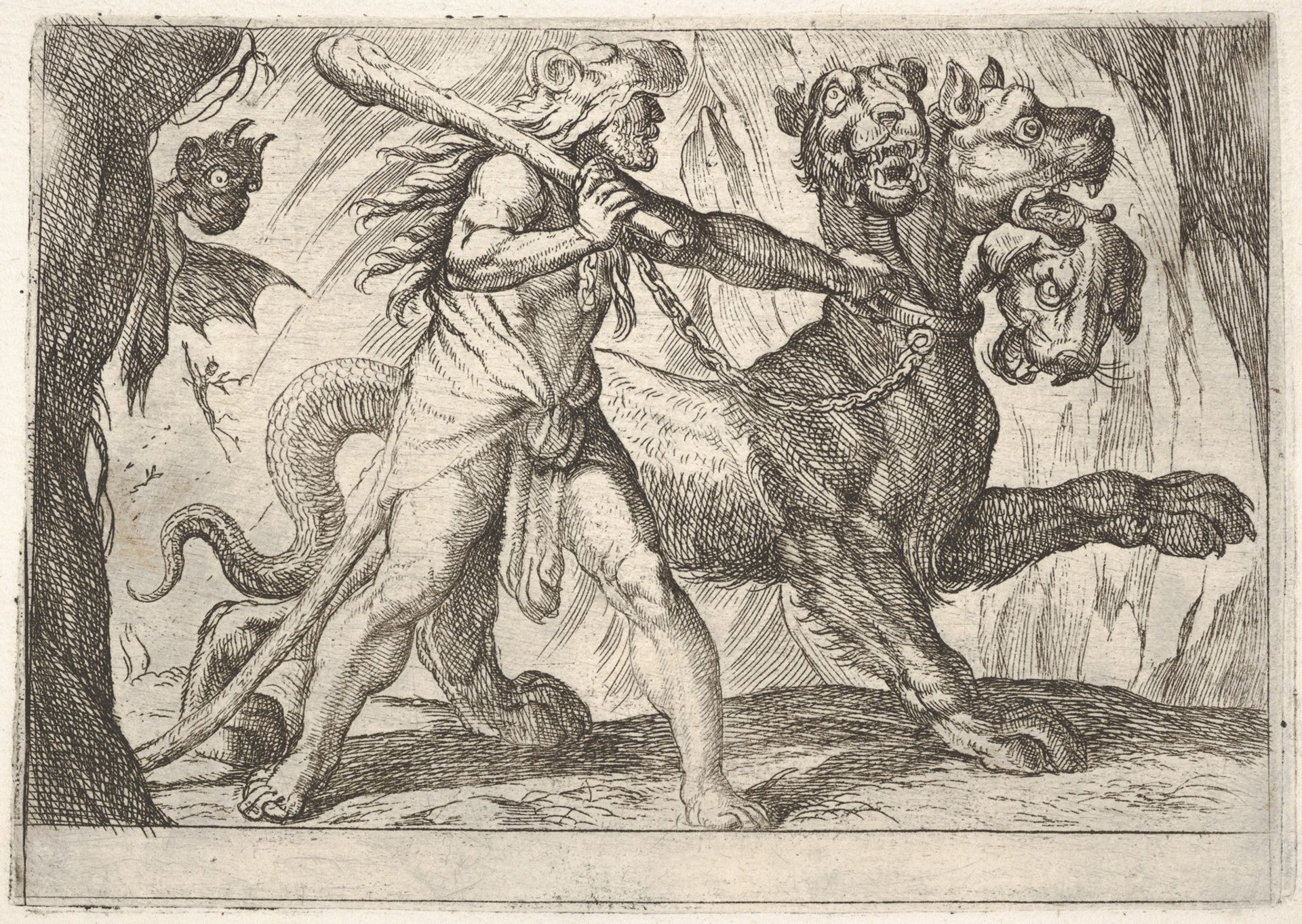 Hercules and Cerberus: Hercules grasps the collar of Cerberus, two demons appear at left, from the series 'The Labors of Hercules' by Antonio Tempesta