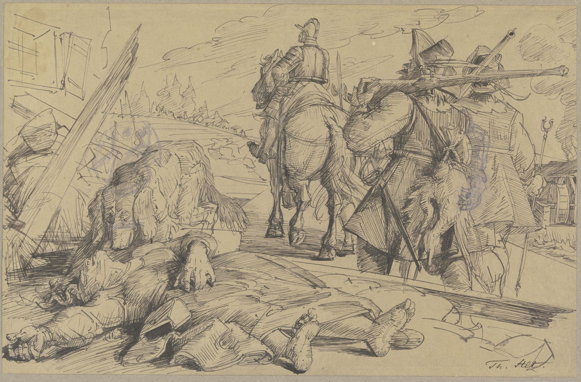Szene aus dem Dreißigjährigen Krieg (_)_ Im Vordergrund ein Erschlagener, drei davonziehende, plündernde Soldaten in der Tracht des 17. Jahrhunderts by Theodor Alt