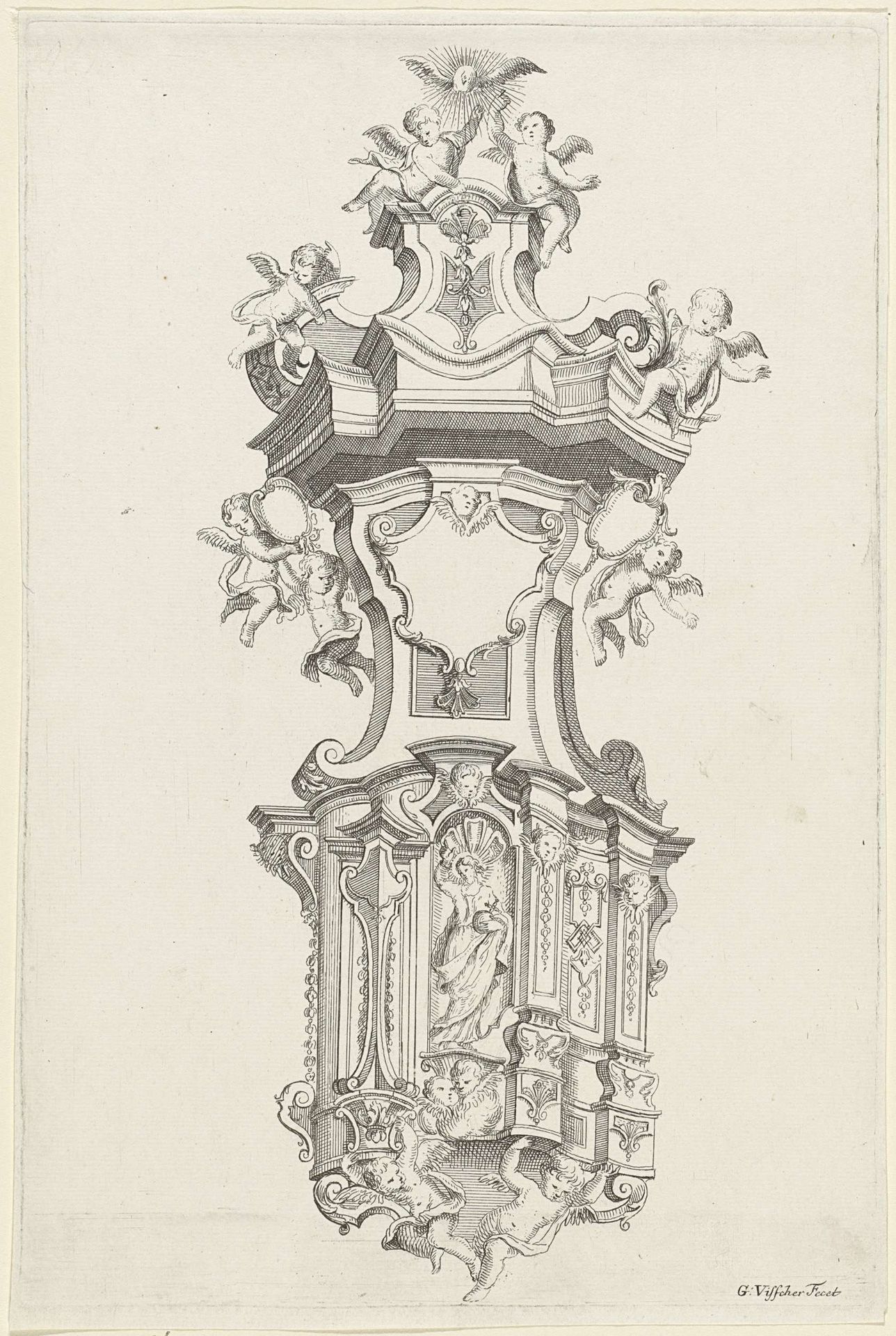 Preekstoel met Christusfiguur en putti by Gerrit Visscher