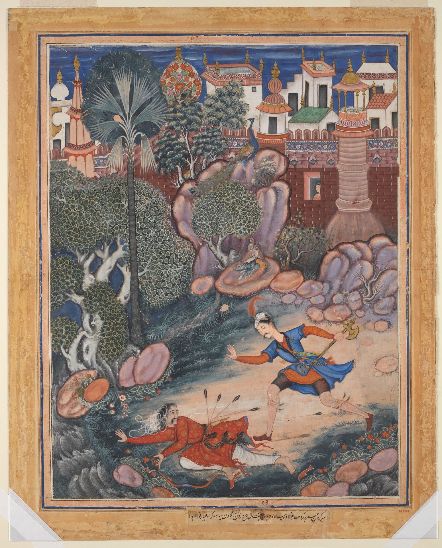 "'Umar Walks around Fulad Castle, Meets a Foot Soldier and Kicks Him to the Ground", Folio from a Hamzanama (The Adventures of Hamza) by Kesav Das