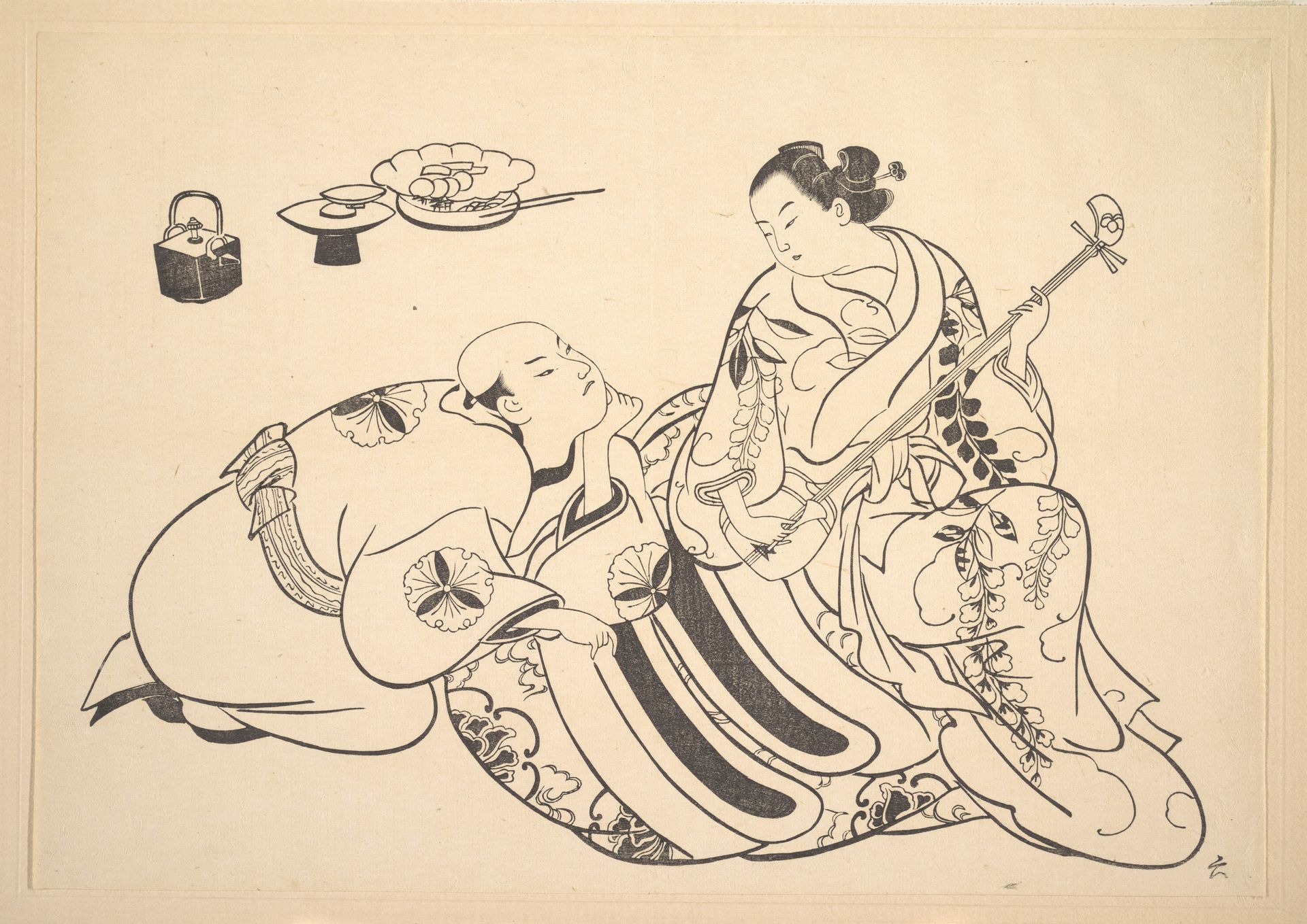 An Oiran Playing the Shamisen to a Young Man Kneeling by Her Side in Rapt Attention by Okumura Masanobu