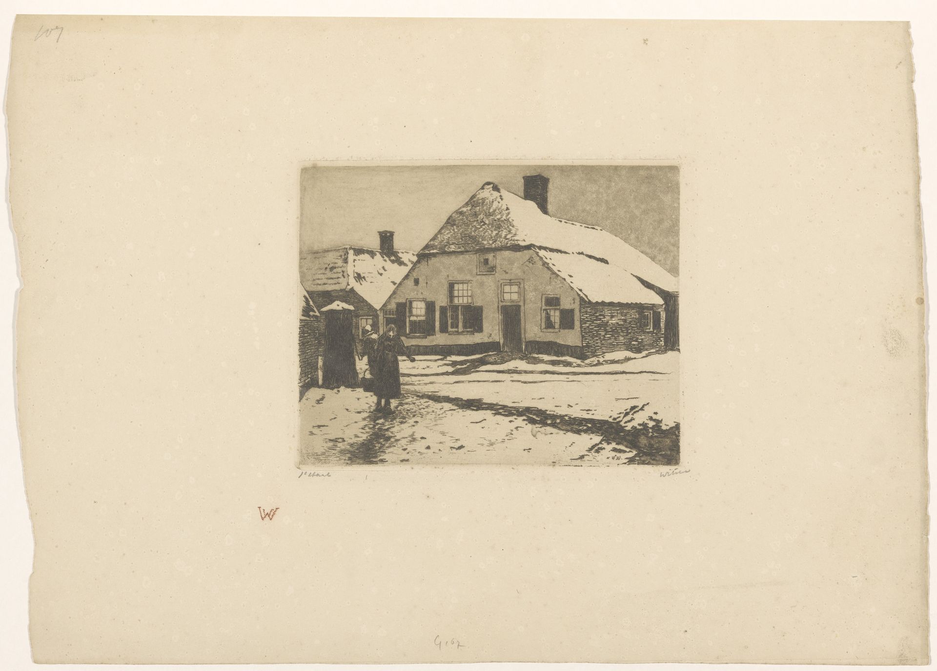 Besneeuwde huizen aan een weg in Ede by Willem Witsen