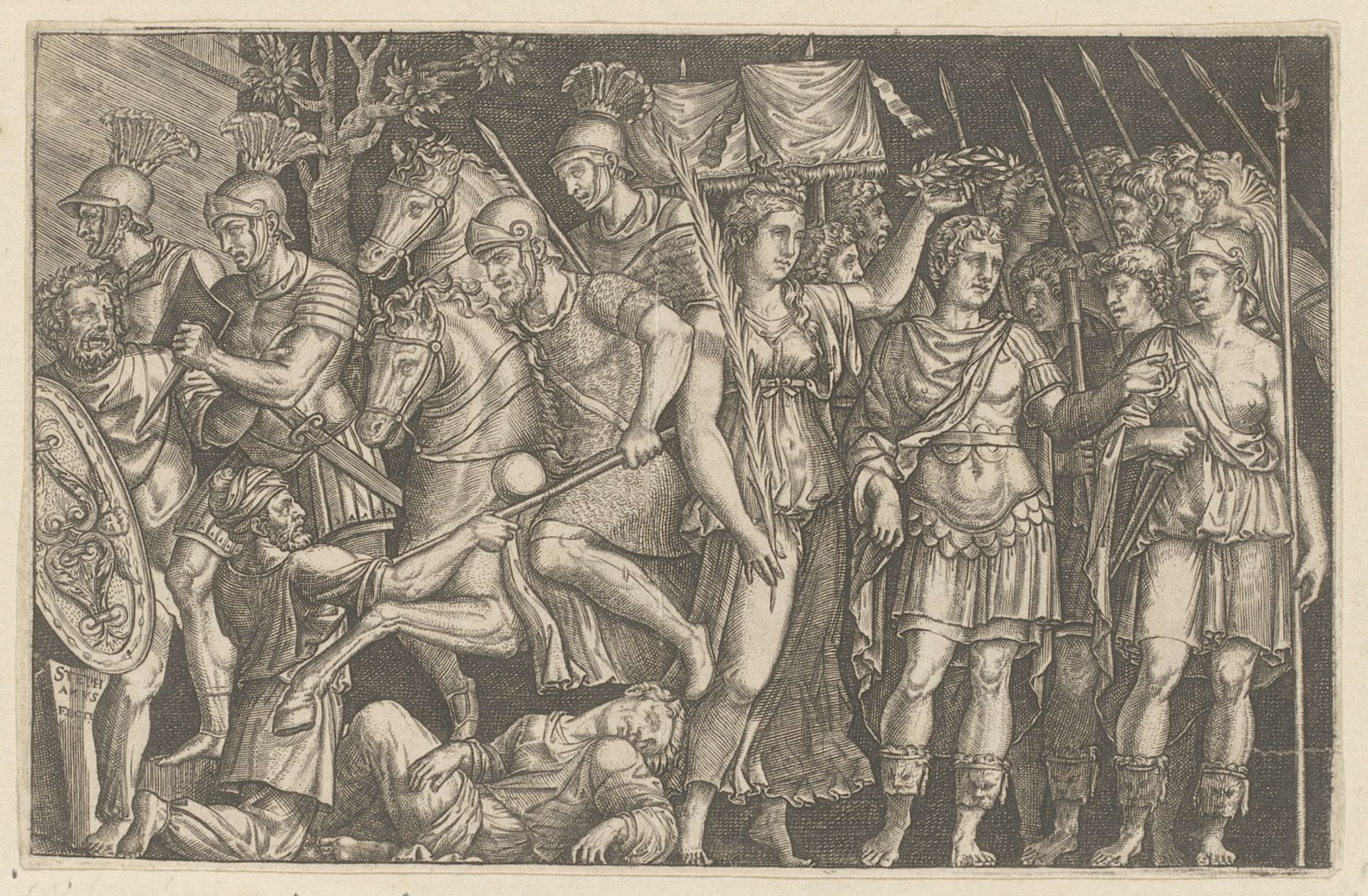 Trajanus tussen de stad Rome en Victoria by Etienne Delaune