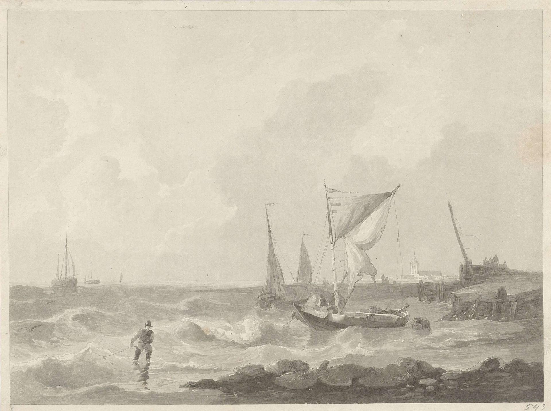 Vissersboten bij een havenhoofd by Willem Hendrik Hoogkamer