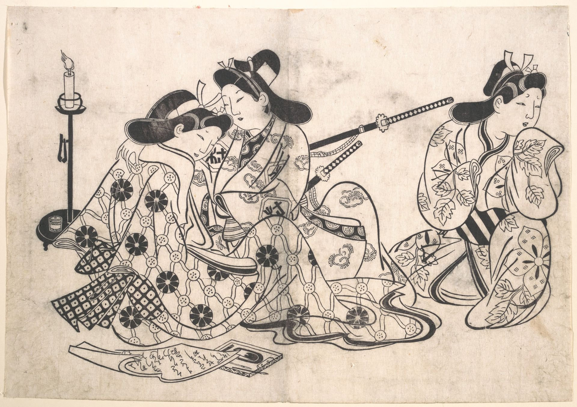 Samurai and Courtesan Seated; A Servant Beside Them by Sugimura Jihei