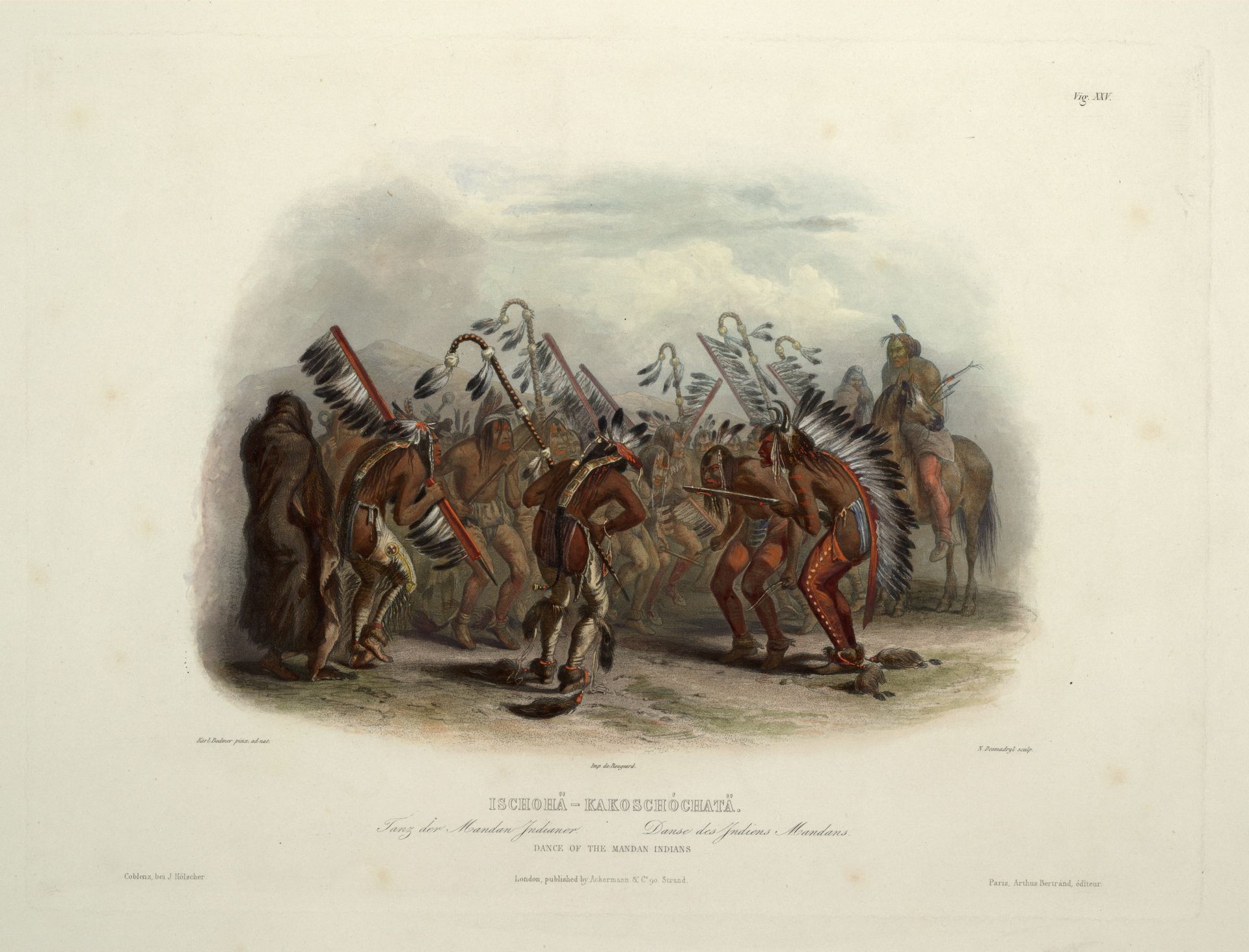 Ischohä Kakoschochatä Dance of the Mandan Indians, plate 25 from Volume 2 of 'Travels in the Interior of North America' by Karl Bodmer