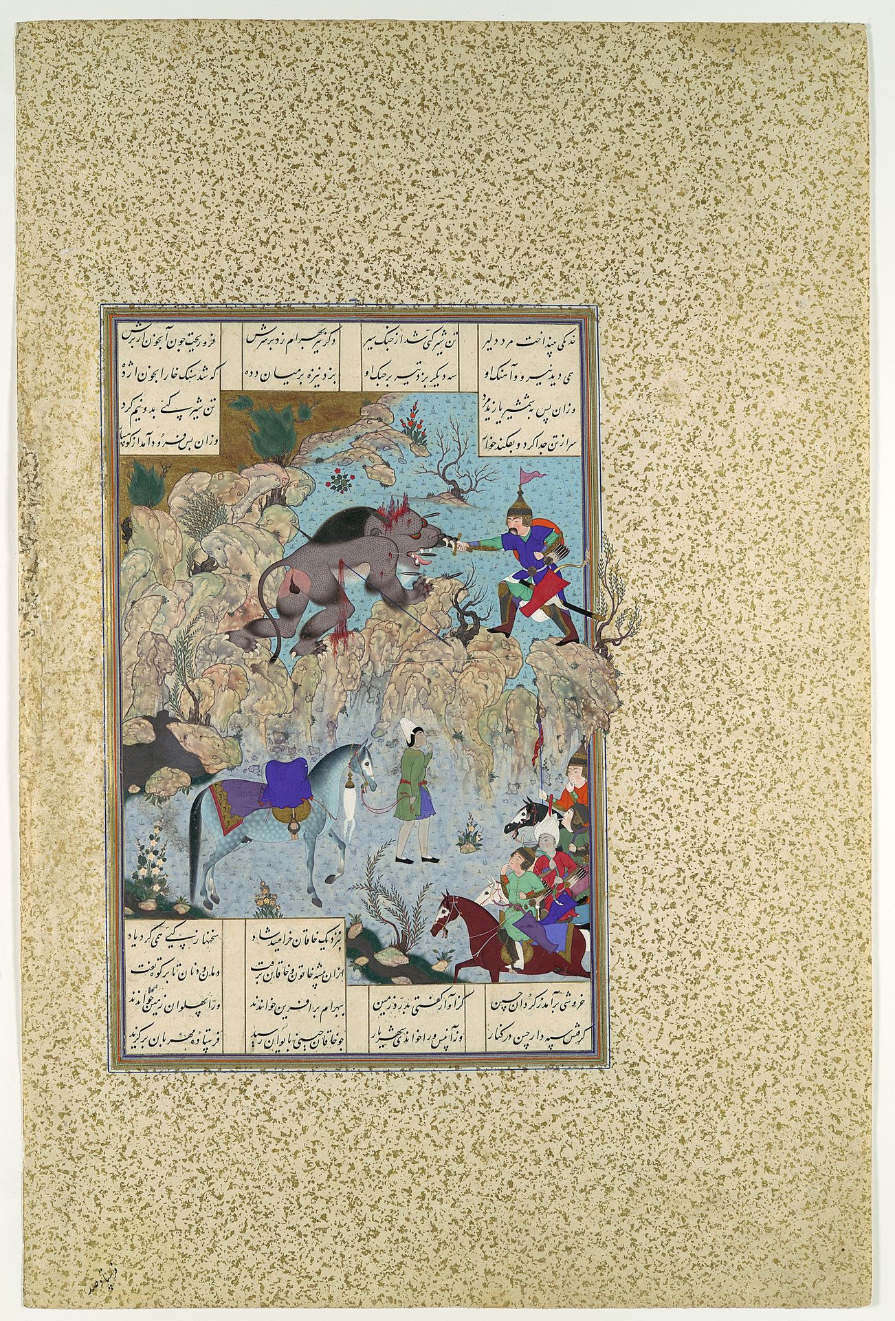 "Bahram Chubina Slays the Lion-Ape", Folio 715v from the Shahnama (Book of Kings) of Shah Tahmasp by Abu'l Qasim Firdausi