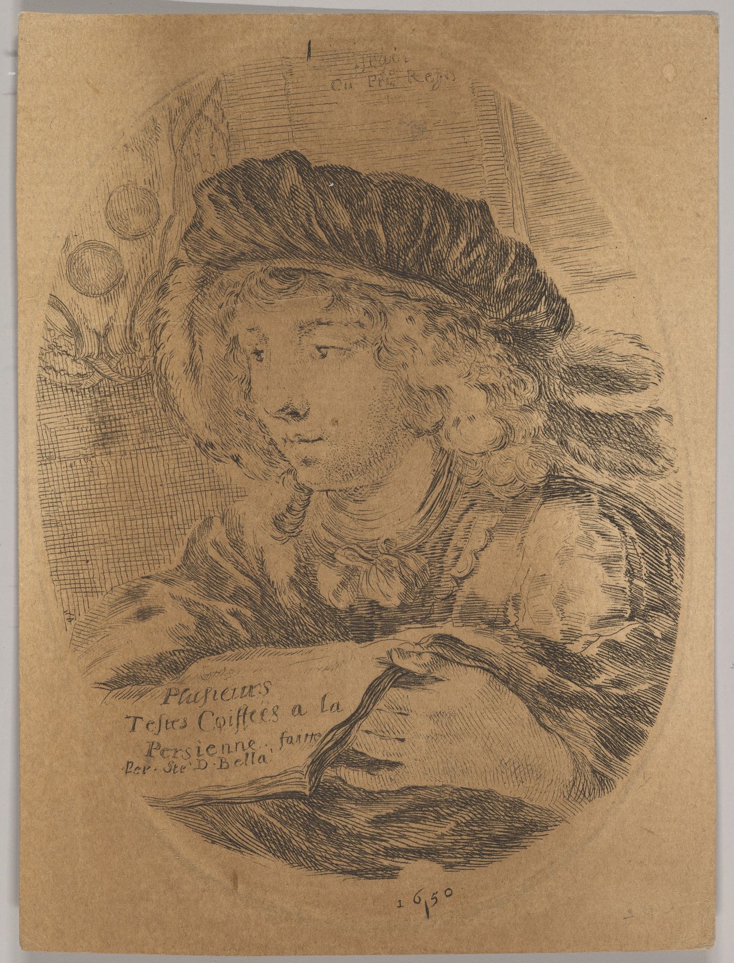A bust of a young man wearing a cap with feathers, turned three-quarters to the left, the coat of arms of the Grand Duke of Tuscany in top left, title page from 'Several heads in the Persian style' (Plusieurs têtes coiffées à la persienne) by Stefano della Bella