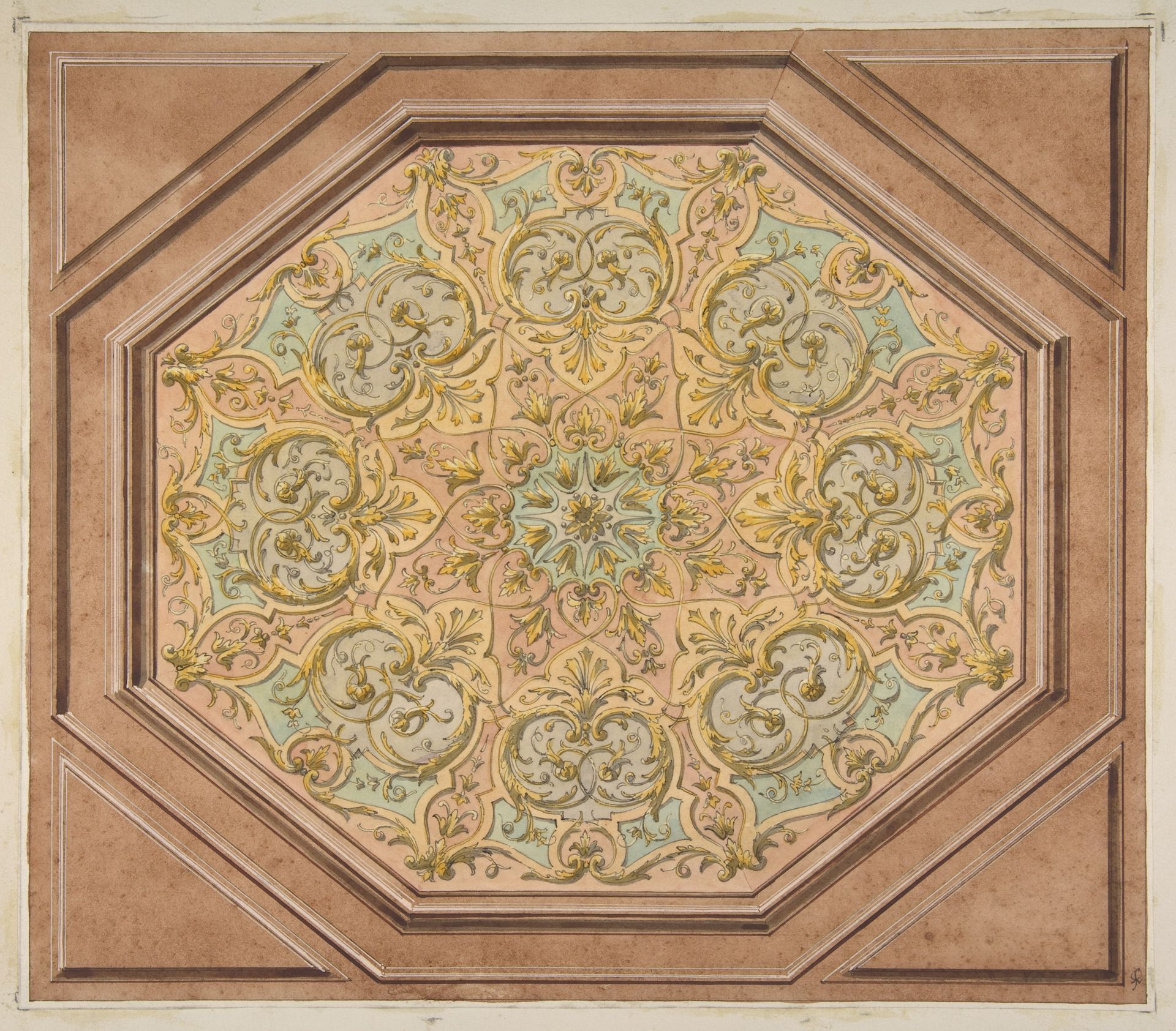 Design for the decoration of a hexagonal ceiling with rinceaux by Jules-Edmond-Charles Lachaise