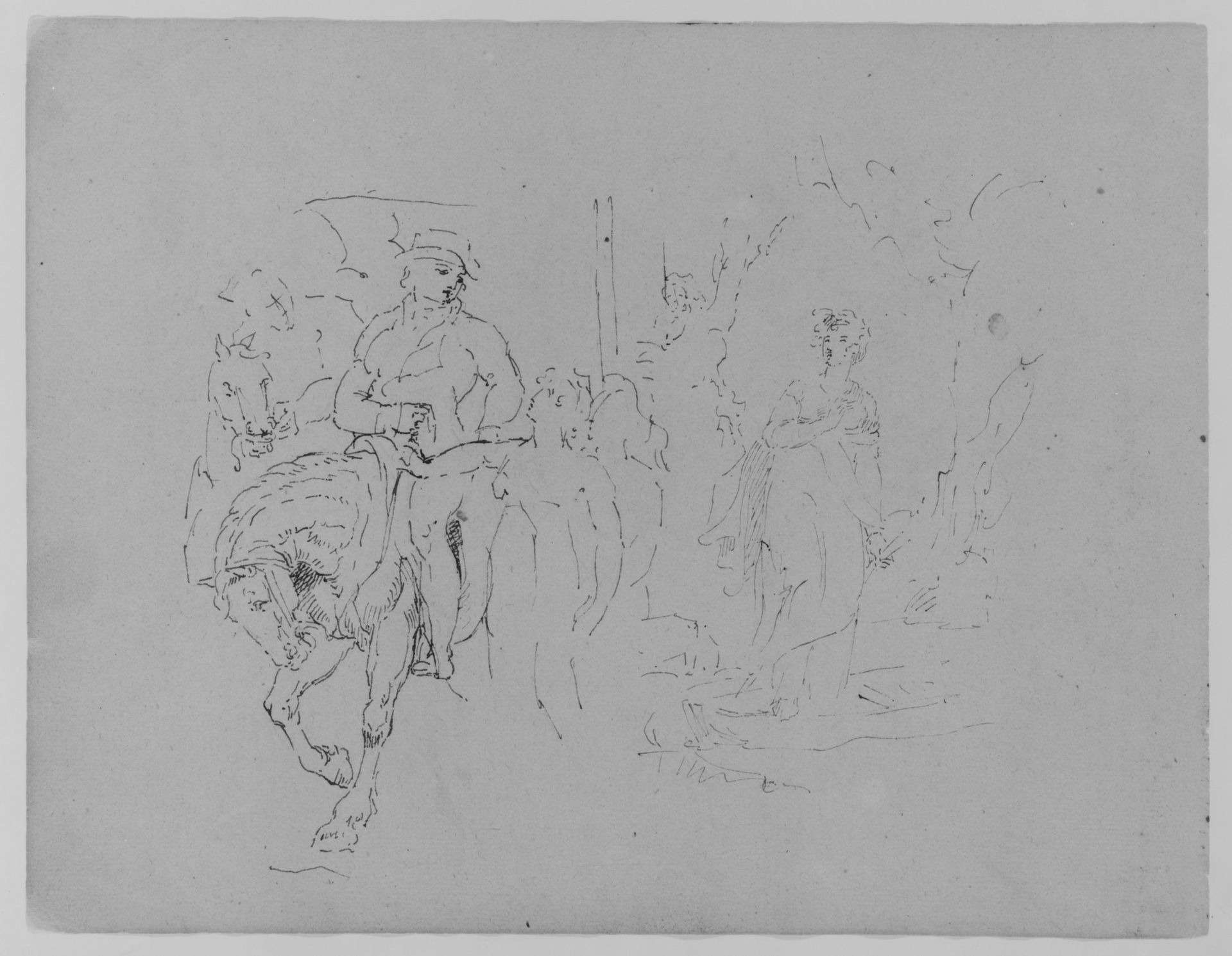 Man on Horseback with Standing Figure; Female in a Landscape (from Sketchbook) by Thomas Sully