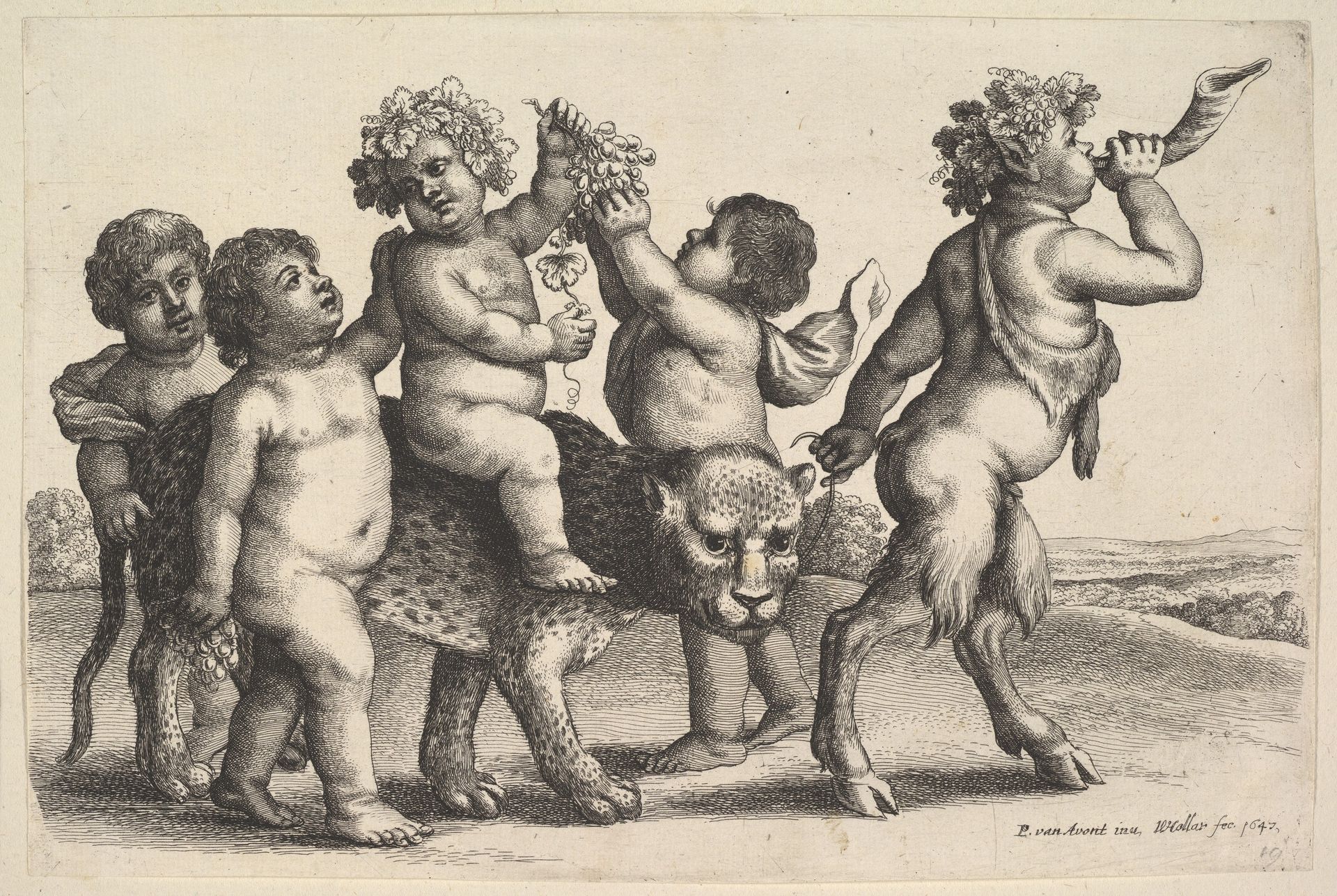Four boys, a young satyr, and a leopard by Wenceslaus Hollar