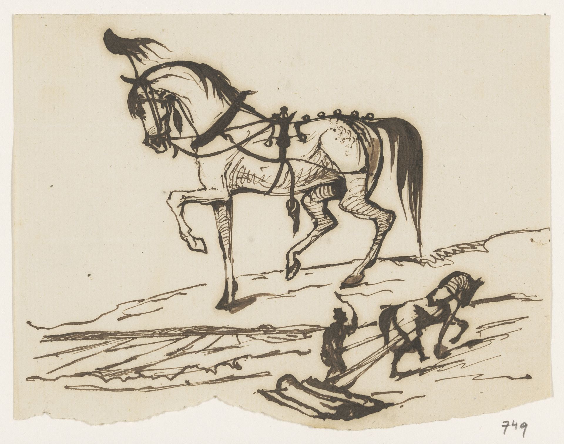 Twee schetsen van een paard met zadel en hoofdtooi en van paard dat een eg over het land trekt by Johannes Tavenraat